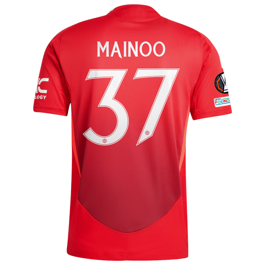 Adidas Manchester United Authentic Kobbie Mainoo Home Jersey 24/25 with Europa League Patches - MUFC Red/Bright Red - Perfect for Matchdays, Fan Events & Soccer Enthusiasts