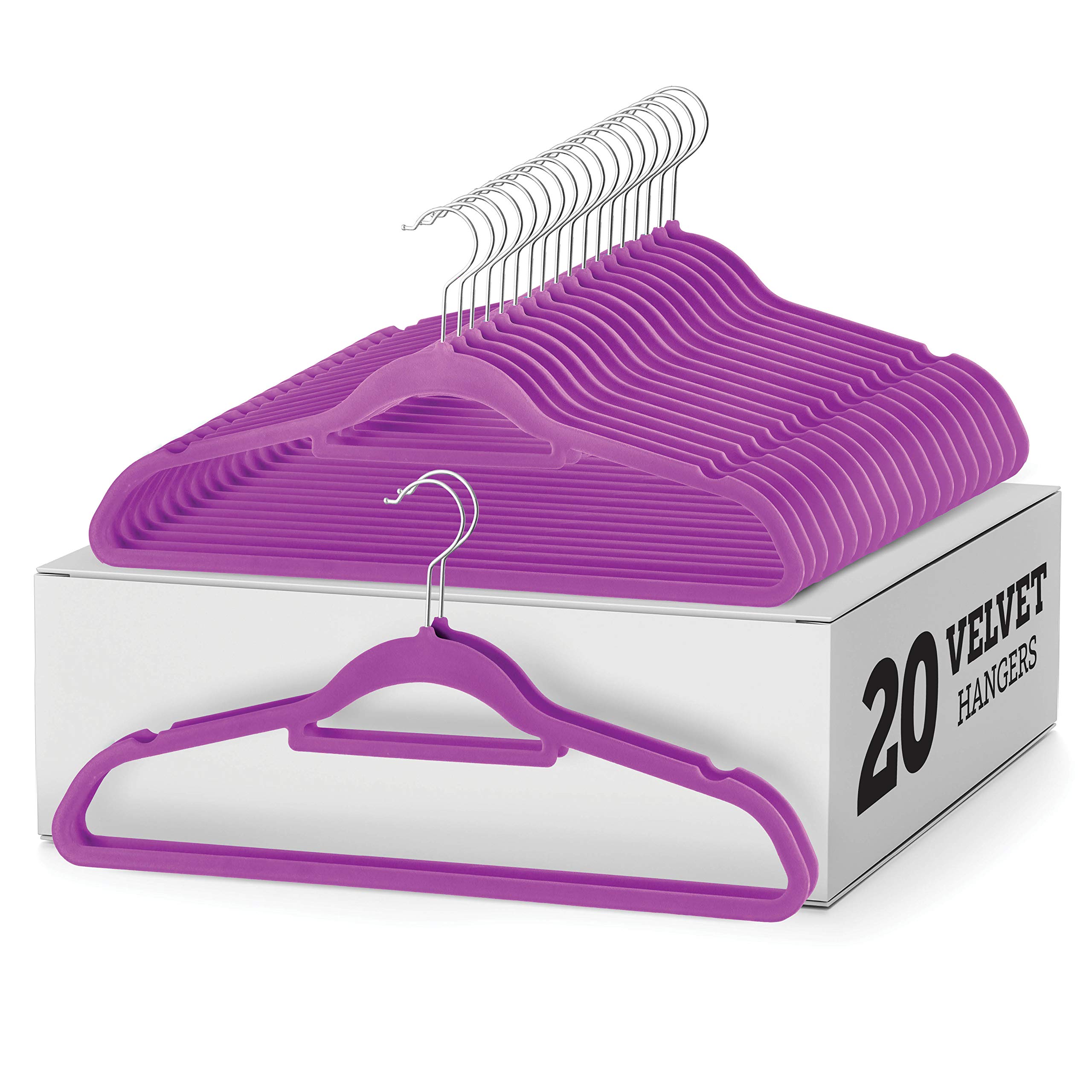 Zober 20-Pack Velvet Hangers with Tie Bar - Non-Slip Swivel Hook Slim Felt Clothes Hangers for Suits, Pants, Coats & Dresses - Space Saving Wardrobe Organization (Purple) - Perfect for Closet, Travel & Dry Cleaning Storage
