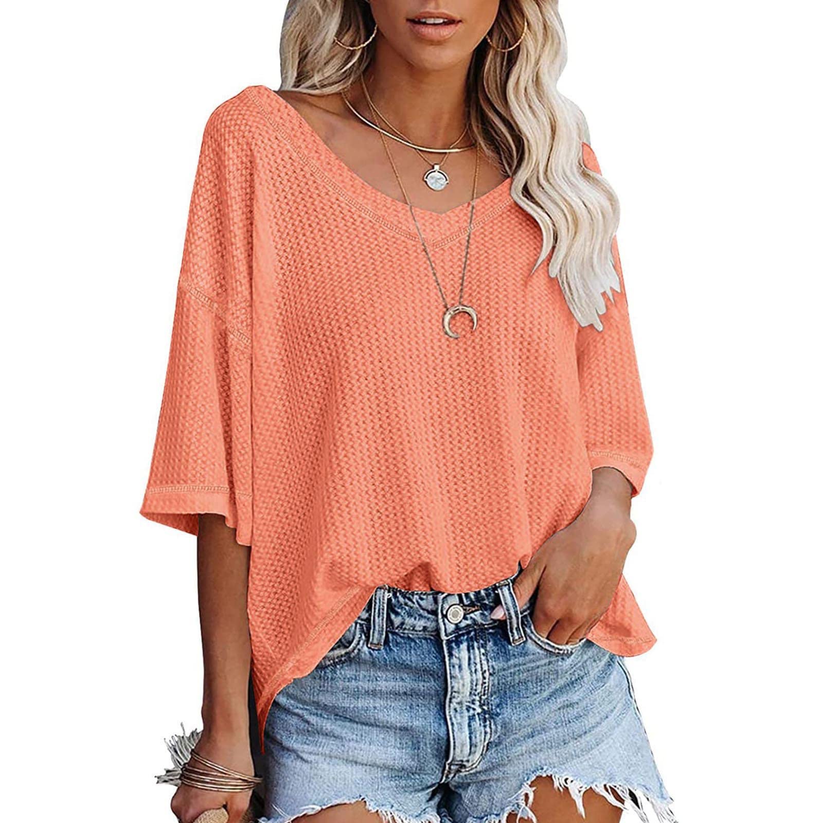 Women's V-Neck Waffle Knit Short Sleeve Tunic Top - Solid Color Loose Fit Pullover Blouse for Summer | Casual Wear, Beach Cover-Up, Layering Outfits
