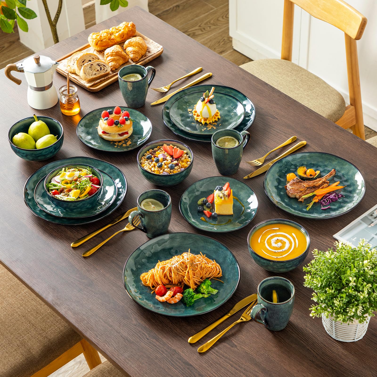Vancasso Starry 16-Piece Green Dinnerware Set - Reactive Glaze Change Ceramic Plates & Bowls - Elegant Tableware for Dinner Parties, Restaurants & Home Decor