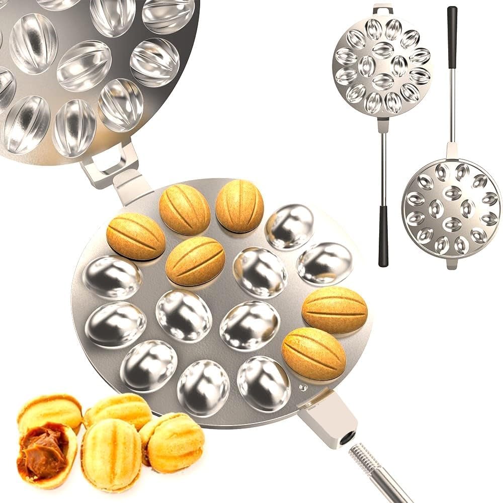 Premium Walnut Form Press Maker - 16 Cavity Oreshki Nuts Mold Skillet - Professional Candy Maker Griddle - Non-Stick Pastry Baking Tool Set - Perfect for Russian Tea Cakes, Holiday Cookies & Homemade Desserts