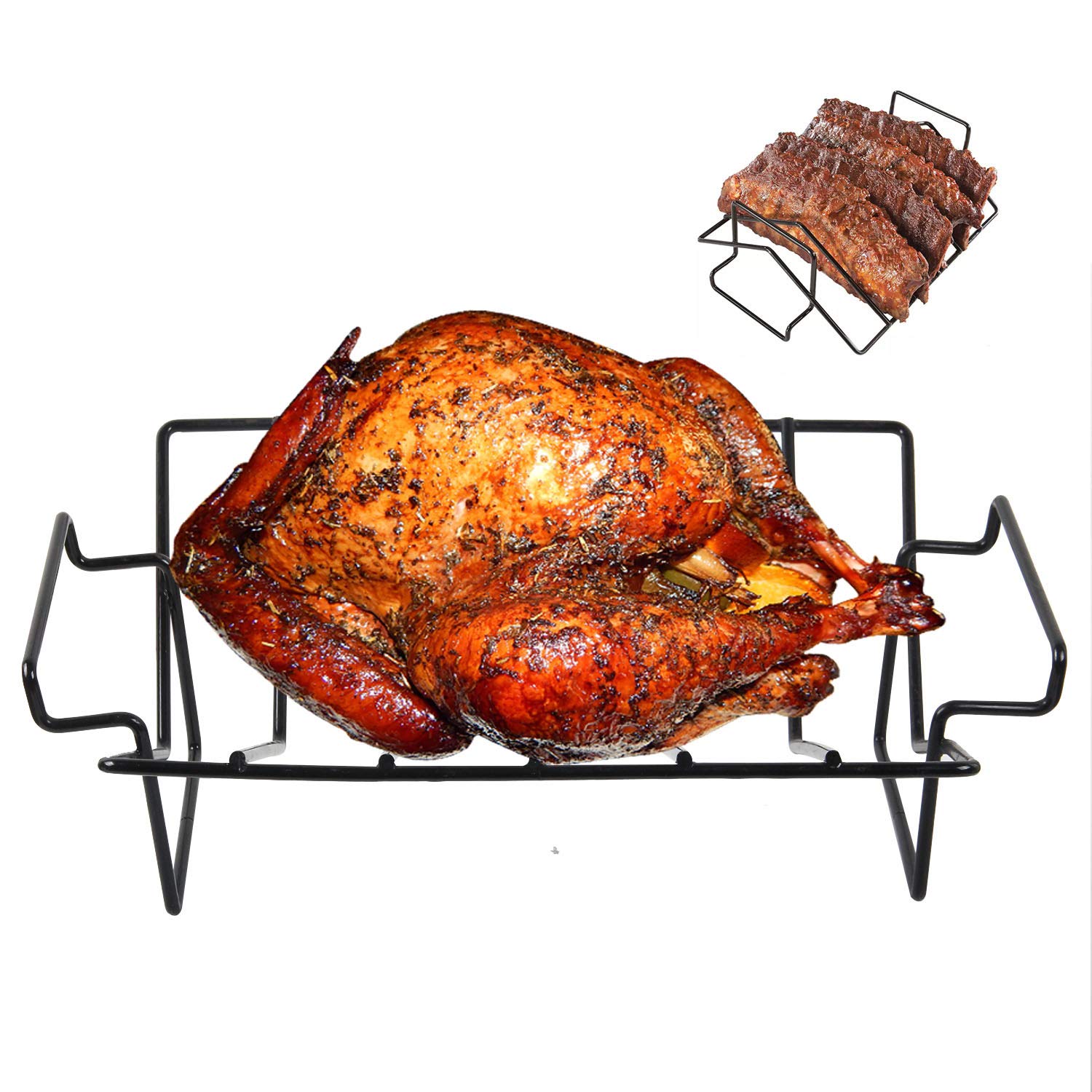 Premium V-Shaped Rib Rack for Smoking & Grilling - Heavy Duty Turkey Roasting Rack Compatible with Big Green Egg, Kamado Joe, Primo & Vision Ceramic Grills - Perfect for Backyard BBQs, Camping & Outdoor Cooking