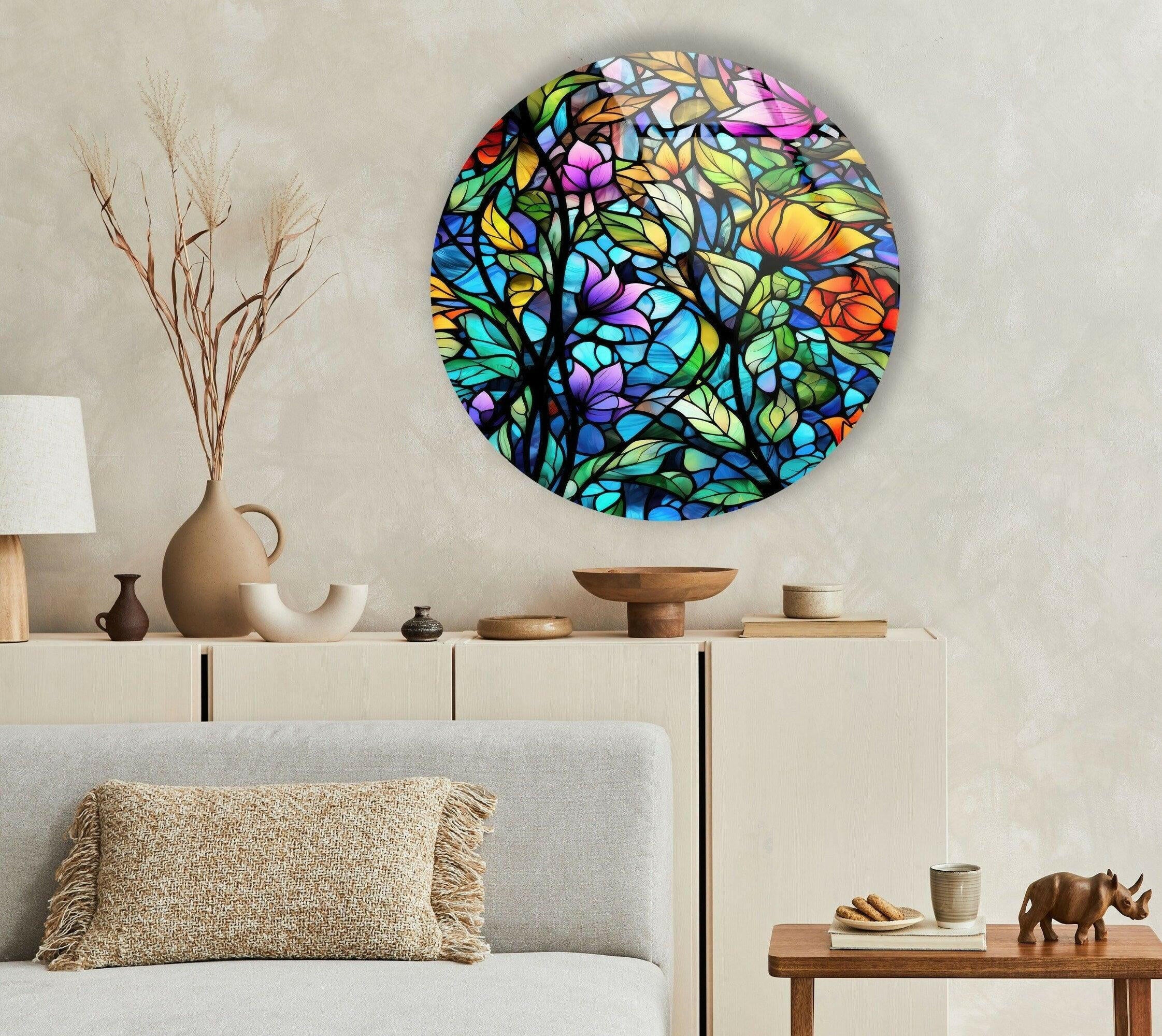 Vibrant Floral Stained Glass Round Wall Art - Handmade Decorative Piece for Living Room, Bedroom, or Office Décor