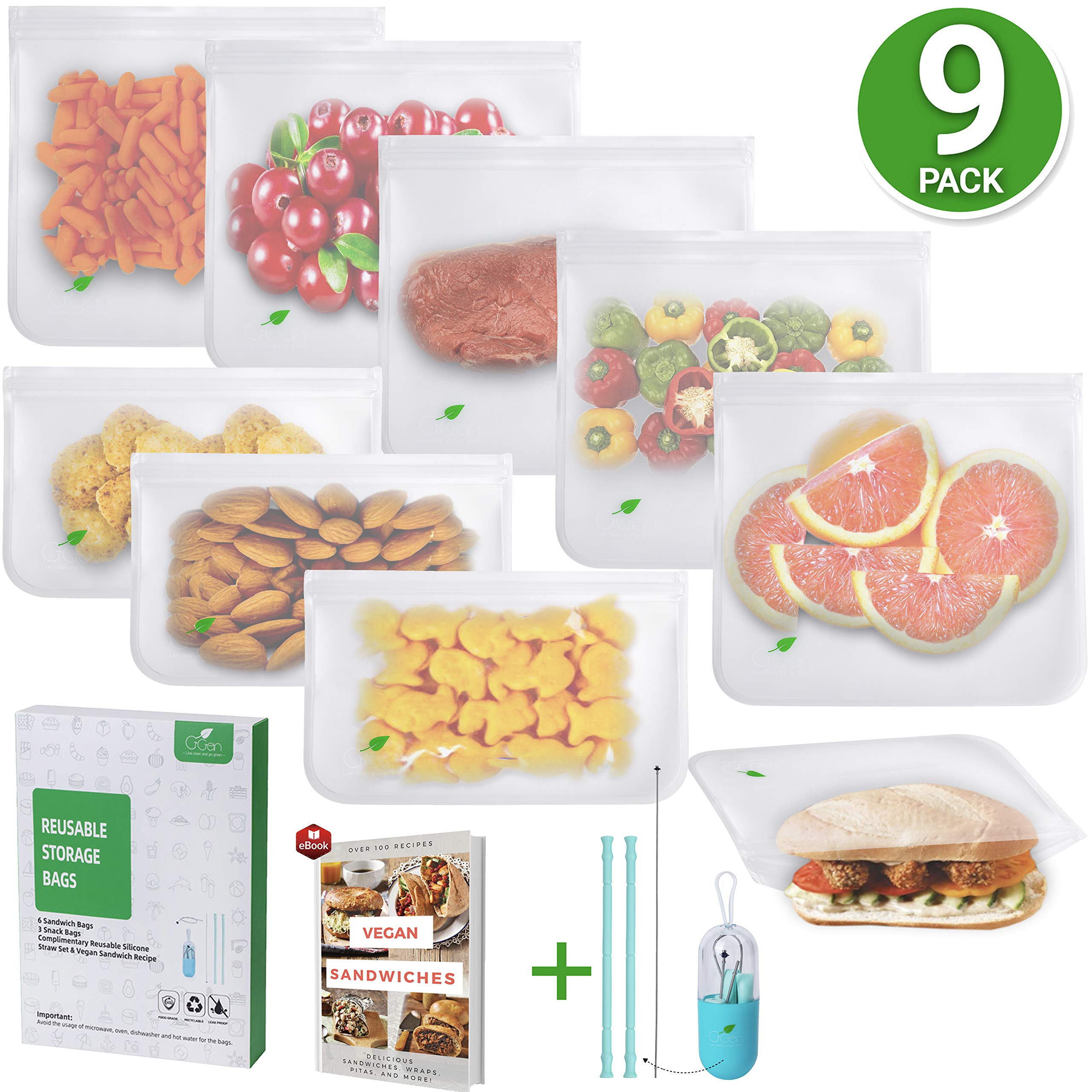 Eco-Friendly Reusable Food Storage Bags - 9 Pack BPA-Free Extra Thick Silicone Baggies | Sandwich & Snack Bags for Kids Lunch, Meal Prep, Freezer Organization & Marinating | Includes 6 Sandwich Bags, 3 Snack Bags & Silicone Straw Set | Perfect for School, Work, Picnics & Sustainable Kitchen Storage