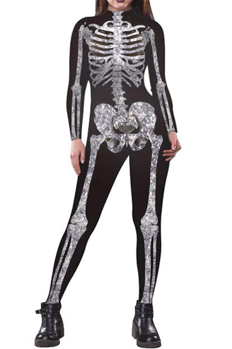 **Fixmatti Women's Skull Print Long Sleeve Jumpsuit - Halloween Party Costume, Gothic Outfit for Women, Perfect for Cosplay, Themed Parties & Night Events**