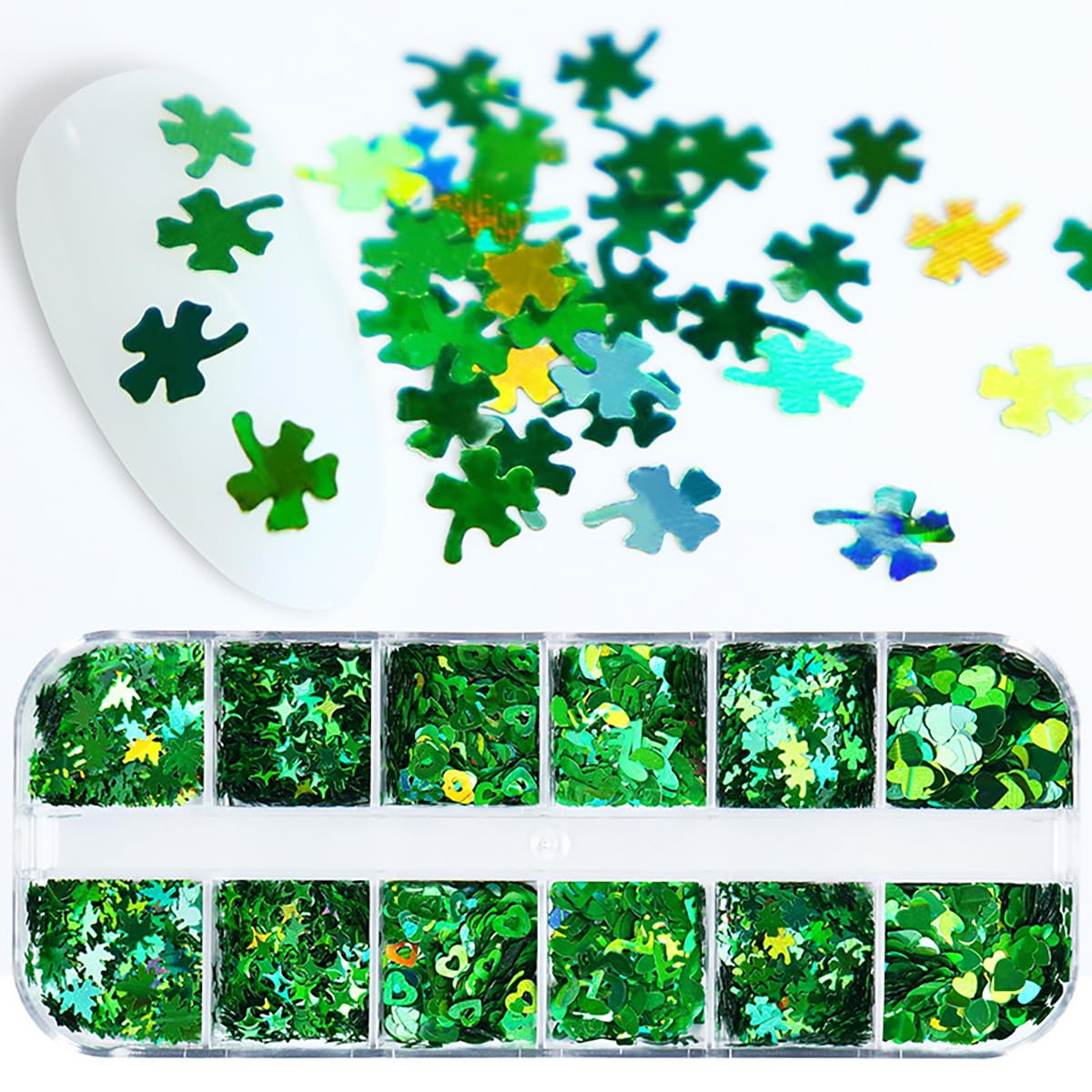 12Grids St. Patrick's Day Nail Art Glitters Sequins - 3D Holographic Irish Shamrock, Green Clover Leaf, Heart & Star Nail Decorations for DIY Manicure | Perfect for Nail Salons, Party Nail Art & Festival Makeup
