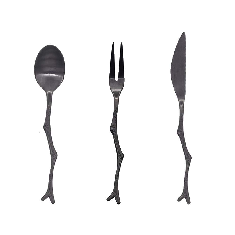 Cabilock 3-Piece Stainless Steel Flatware Set - Steak Forks, Espresso Spoons & Serving Forks - Elegant Antique Black Silverware for Dining, Coffee & Fruit Serving - Perfect for Restaurants, Dinner Parties & Home Entertaining