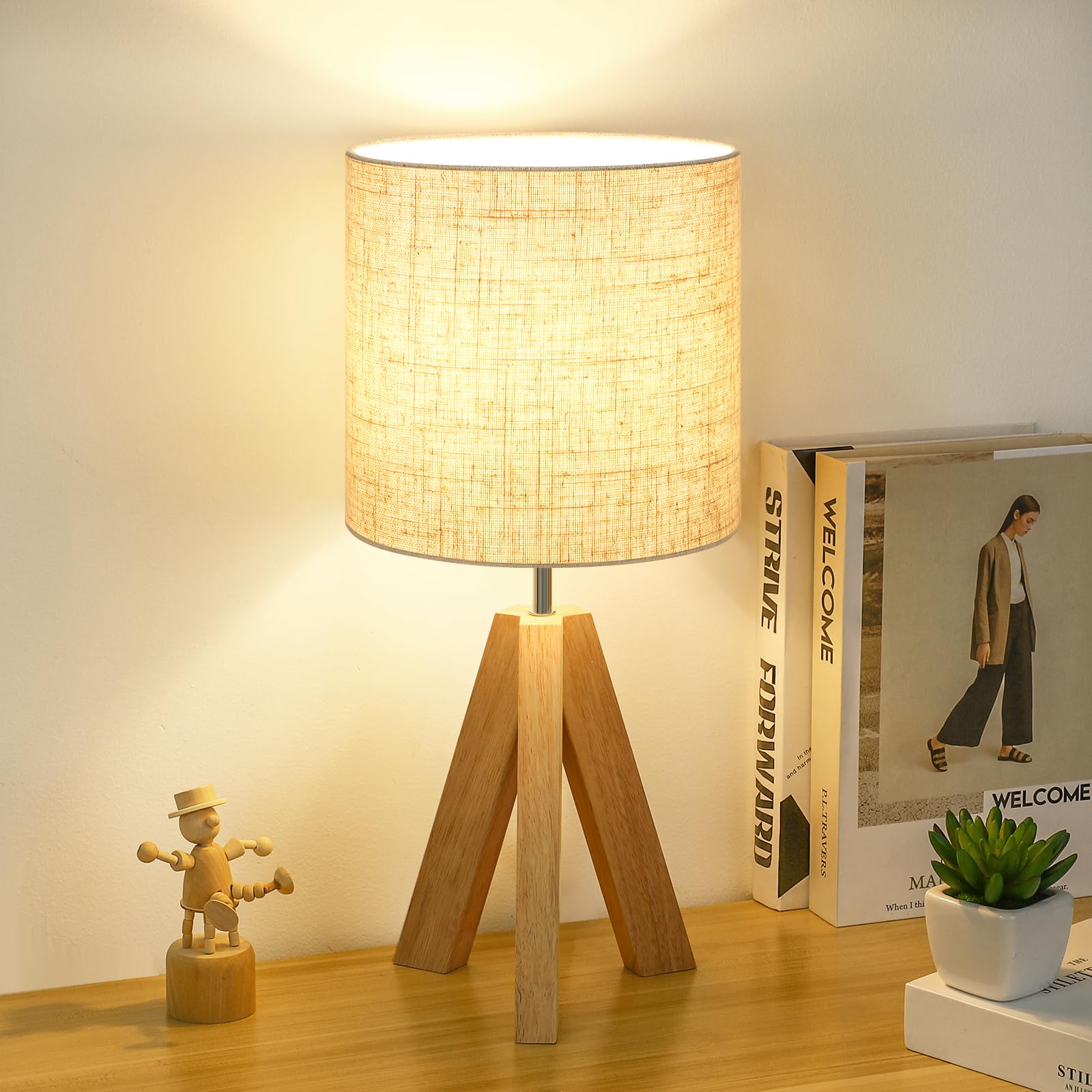 Modern Wooden Tripod Table Lamp with Linen Shade - Small Boho Nightstand Lamp for Bedroom, Living Room, Nursery, Office & Dorm (Bulb Not Included) | Perfect for Reading, Relaxing & Creating Cozy Ambiance