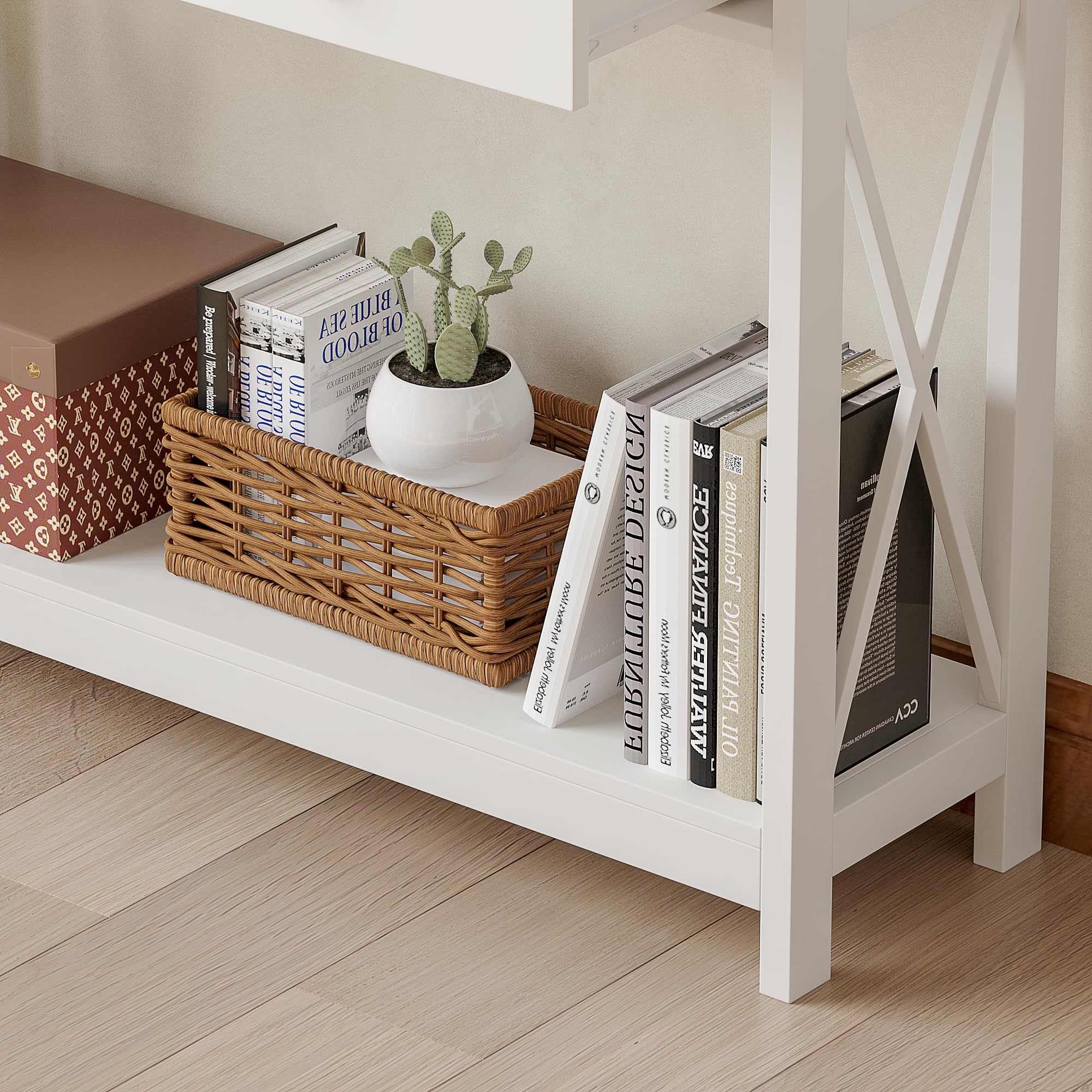Treocho White Console Table with Drawer & Storage Shelves - Narrow Entryway Sofa Table for Hallway, Living Room & Foyer - Perfect for Home Decor, Small Space Organization & Entry Storage Solutions