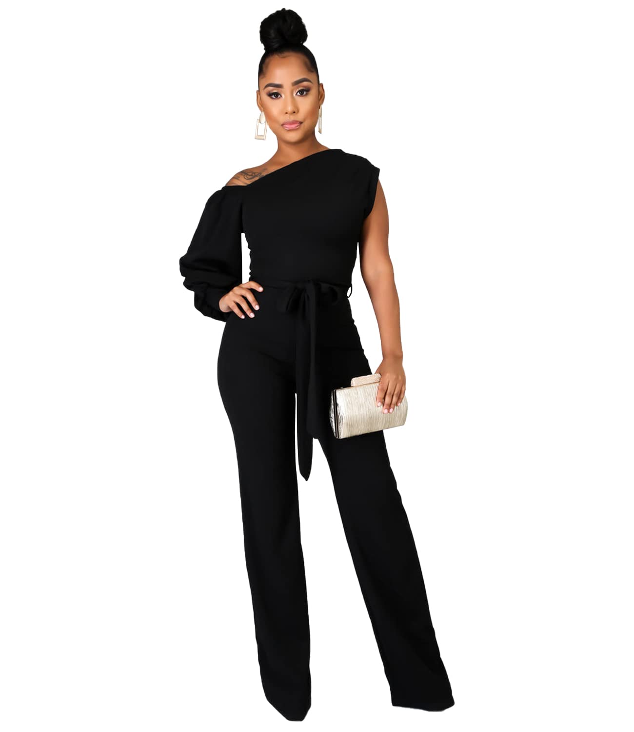 DeftSharp 2025 Women's Sexy Cocktail Party Romper - Back Zip Belt Long Jumpsuit for Clubwear, Casual Work & Night Out | Perfect for Parties, Dating & Office Wear