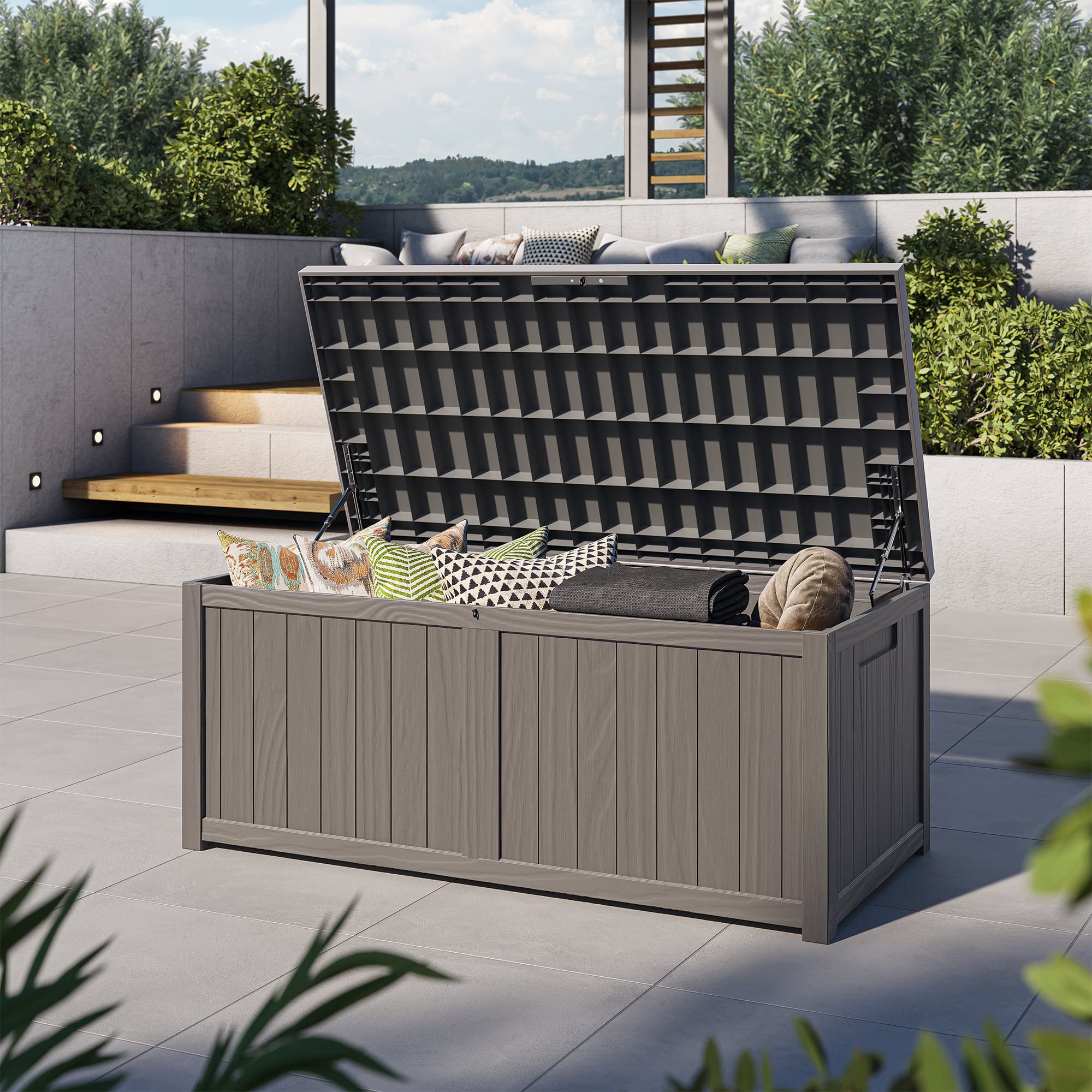 BELLEZE 120 Gallon Outdoor Deck Box - Waterproof Resin Storage for Pool Gear, Patio Furniture, Garden Tools - Modern Large Deck Storage Box for Cushions, Pillows & Outdoor Organization - Perfect for Backyard, Deck & Poolside Storage (Brown)