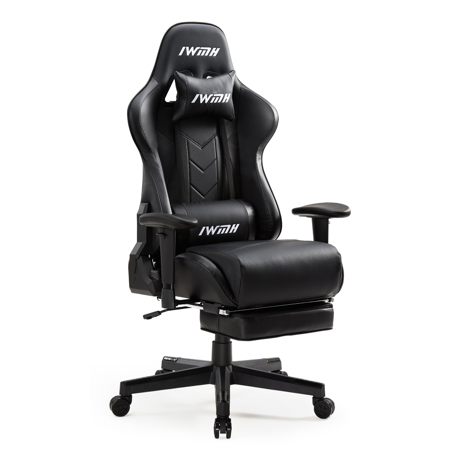 IWMH Ergonomic Gaming Chair with Footrest - High Back Reclining Office Chair with Adjustable Headrest & Lumbar Support - PU Leather Racing Style Computer Desk Chair for Home Office & Gaming Setup (Black) - Perfect for Esports, Work from Home & Long Gaming Sessions