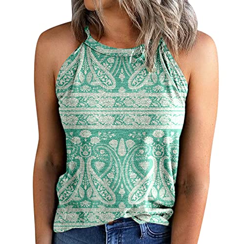 Vintage Women's Slim Fit Halter Neck Sleeveless Blouse - Green T-Shirt Top for Summer, Beach & Casual Wear (Size S)