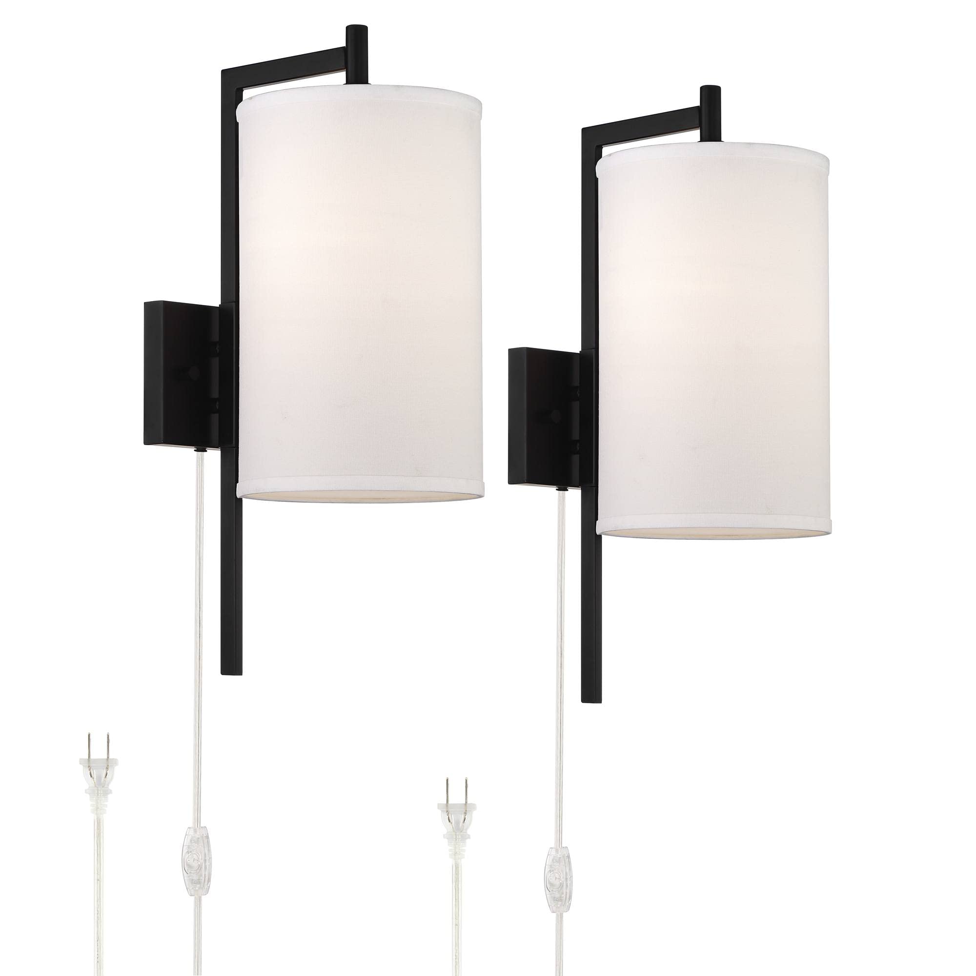 Possini Euro Bixby Modern Wall Mounted Plug-in Sconce Set of 2 - Black Metal Frame with White Fabric Drum Shades for Bedroom, Living Room, Hallway - Perfect for Reading, Ambient Lighting & Home Decor