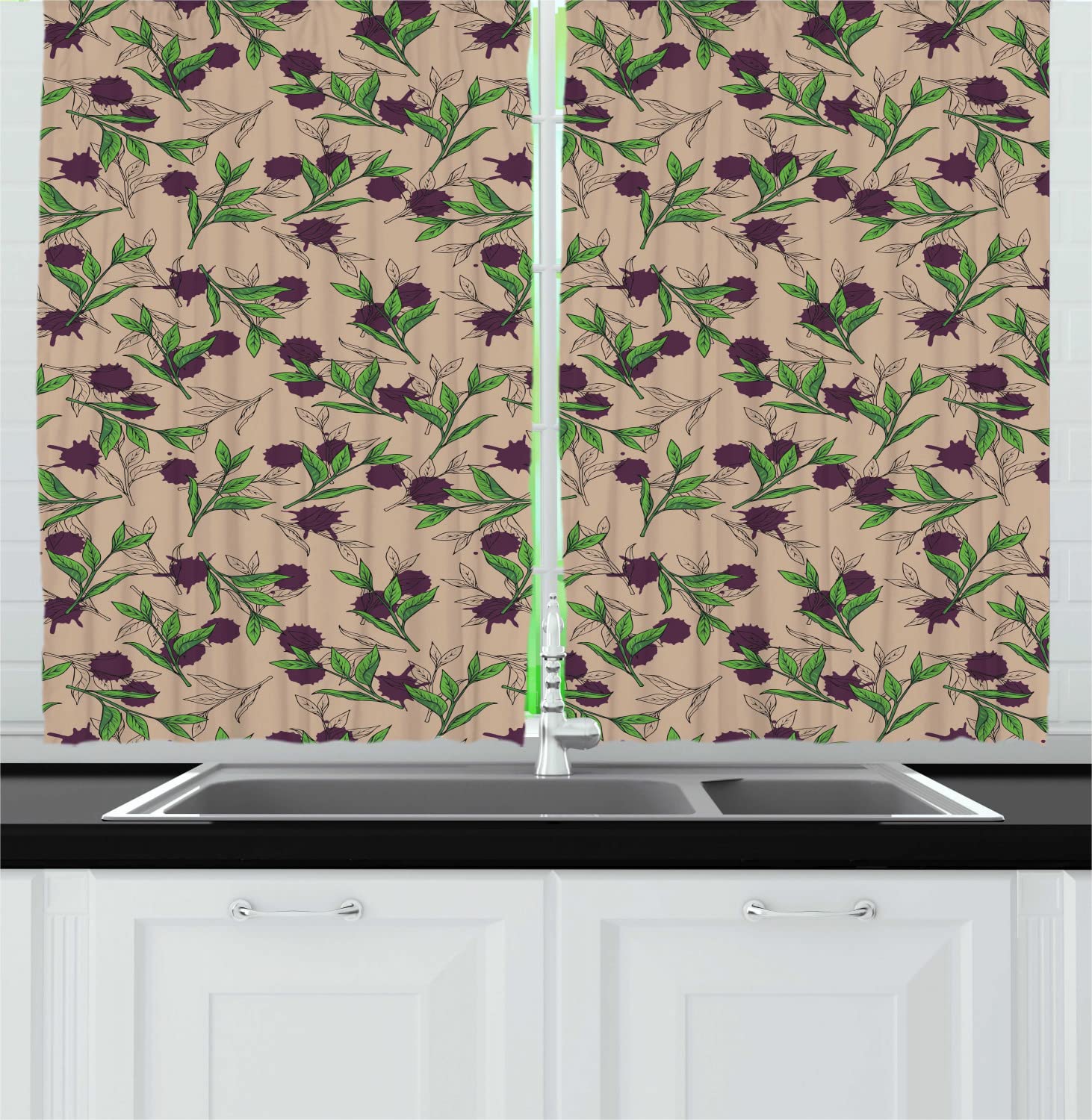 Ambesonne Floral Long Kitchen Curtains - Natural Tea Leaves with Purple Paint Drops Design, 55