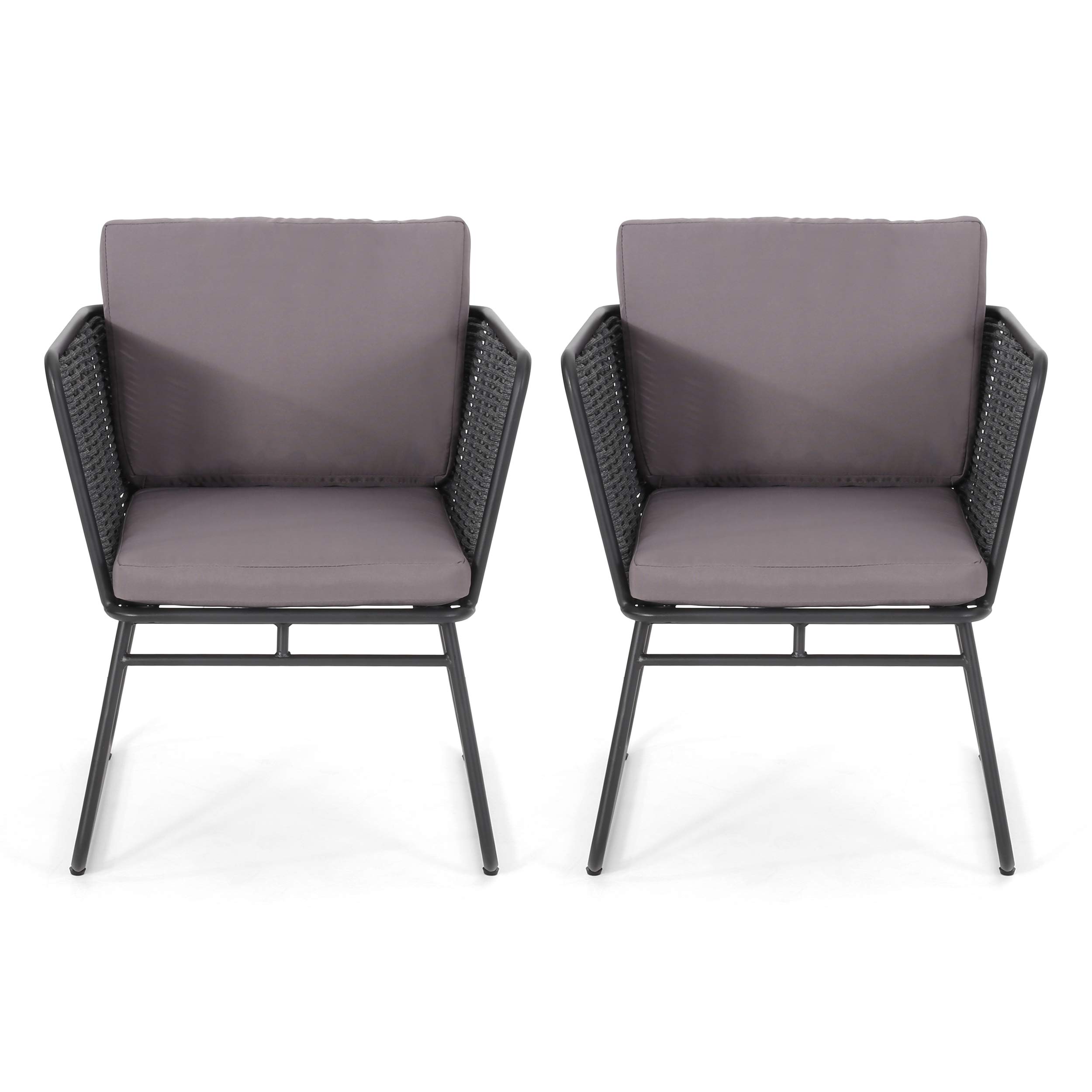 GDF Studio Modern Outdoor Rope Weave Club Chair with Cushions (Set of 2) - Dark Gray, Gray & Black Water-Resistant Patio Furniture for Garden, Poolside & Backyard Relaxation