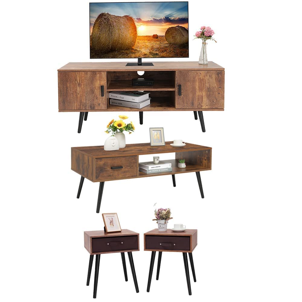 Mid-Century Modern TV Stand with Coffee Table and Side Table Set - Wooden Living Room Furniture for TV Console, Nightstand, Office Sofa Table, Cocktail Table & Storage Cabinet - Perfect for Home Theater, Lounge & Small Space Decor