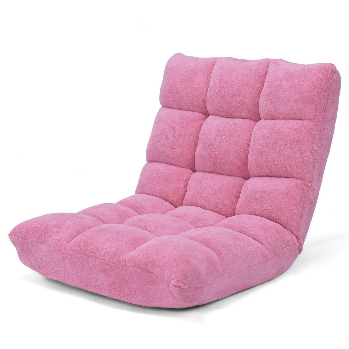 Casart Adjustable Floor Chair Lounger - 14-Position Folding Gaming Sofa with Steel Frame & Sponge Padding - Pink Chaise Lounge Recliner for Bedroom, Living Room, Gaming & Relaxation