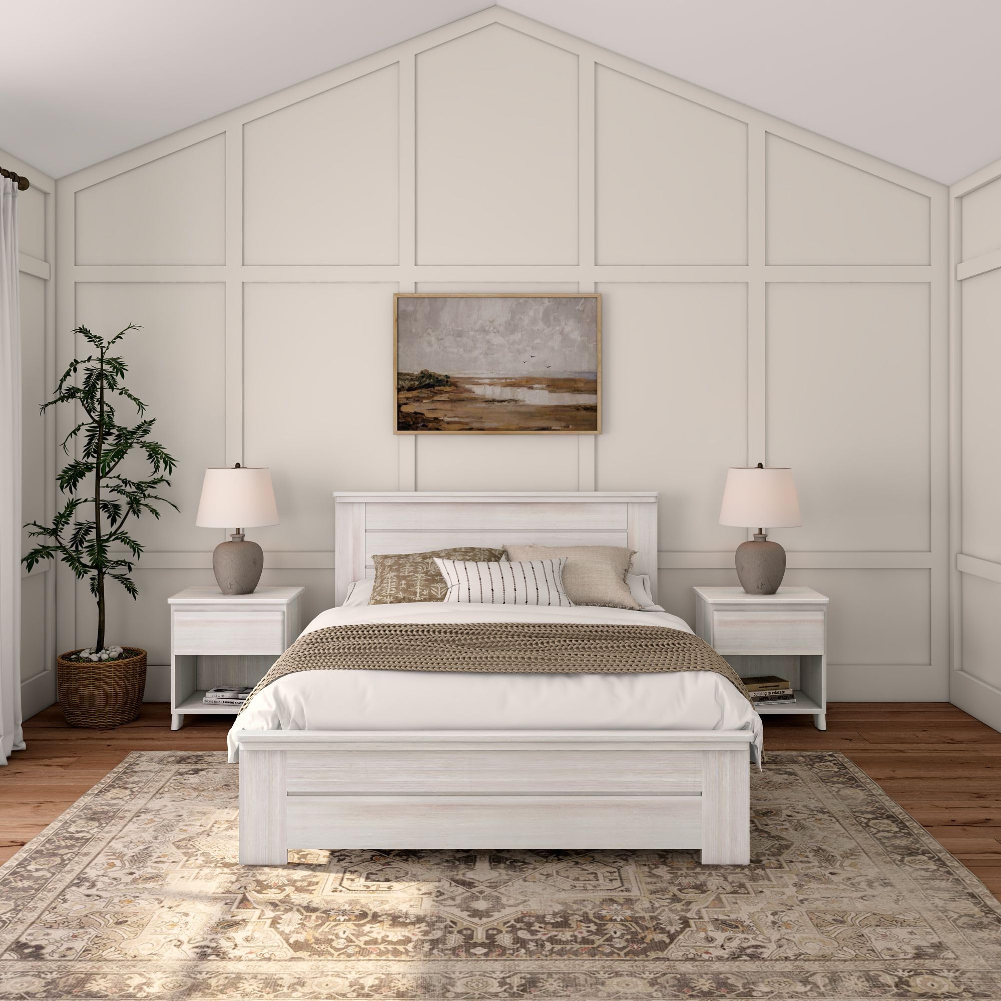 Rustic White Wash Solid Wood Queen Bed Frame with Headboard - Platform Bed for Farmhouse & Modern Bedroom Decor | Sturdy & Stylish Sleeping Solution