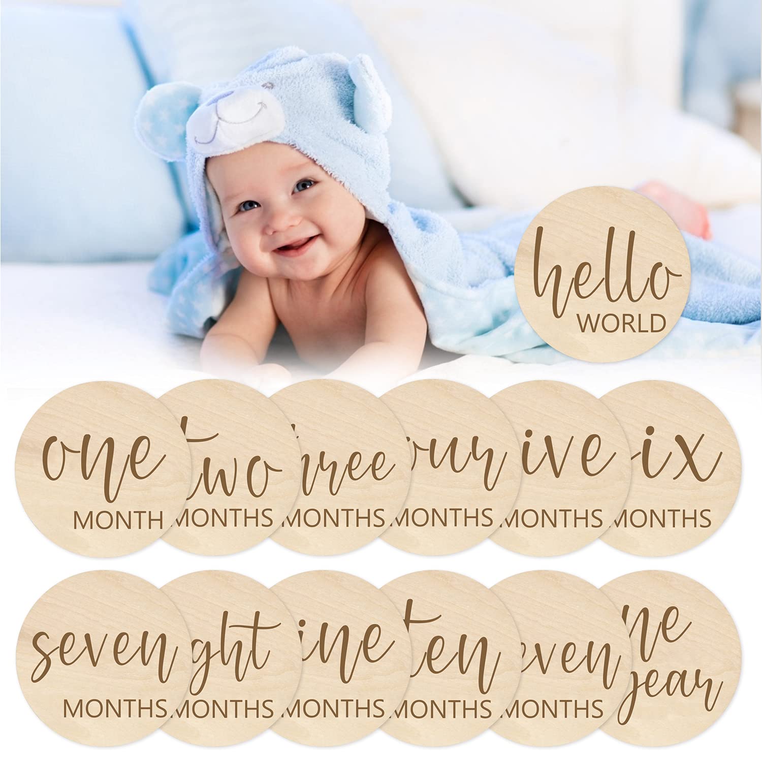 Wooden Baby Milestone Cards - Double Sided Engraved Monthly Photo Prop Discs for Newborns | Perfect Baby Shower Gift Set with Velvet Bag | Capture First Year Memories & Monthly Growth (Round Style 2)