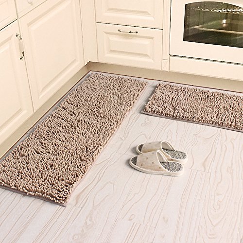 Premium Soft Microfiber Anti-Slip Bath & Kitchen Rug Set - 2-Piece Shag Chenille Floor Mats (50x80cm + 80x120cm) | Super Absorbent, Washable & Non-Slip Camel Color for Bathroom, Bedroom & Entryway