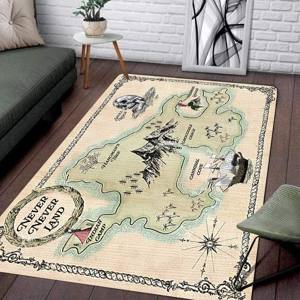 Neverland Map Area Rugs - Non-Slip Treasure Island Carpet for Bedroom, Living Room & Outdoor Play - Kids Room Decor, Fantasy Themed Floor Mat, Durable Indoor/Outdoor Runner Rug for Home & Playroom