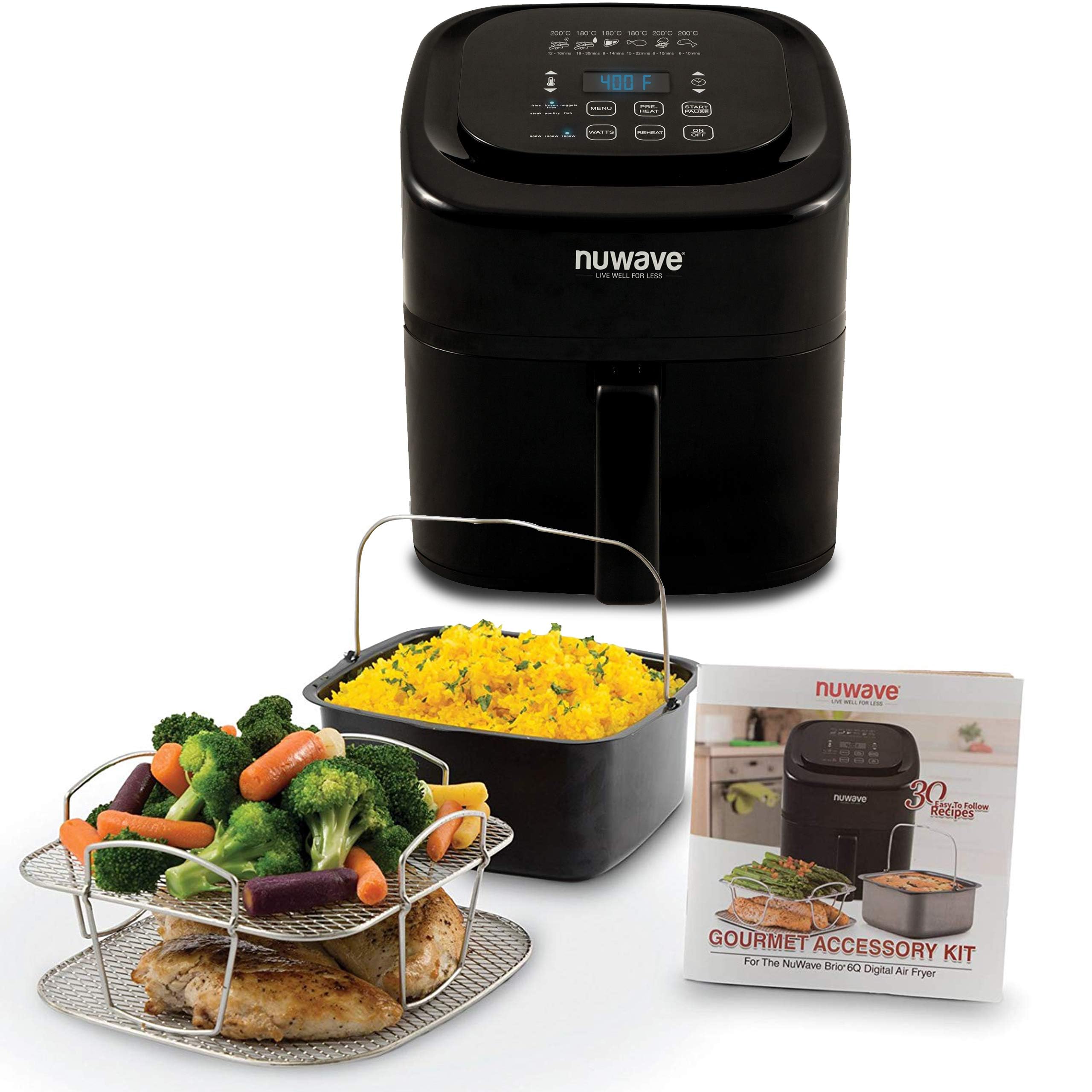 Nuwave Brio 6-Quart Digital Air Fryer with Non-Stick Baking Pan & Stainless-Steel Rack - Healthy Oil-Free Cooking for Family Meals, Snacks & Meal Prep (Black, 6-Quart + Gourmet Kit)