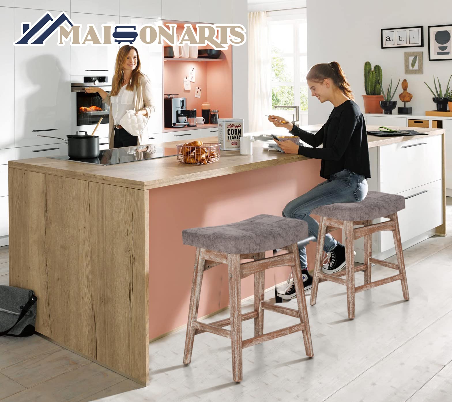 MAISON ARTS Set of 4 Farmhouse Counter Height Bar Stools - 24 Inch Solid Wood Legs with Grey Fabric Upholstered Saddle Seat for 34