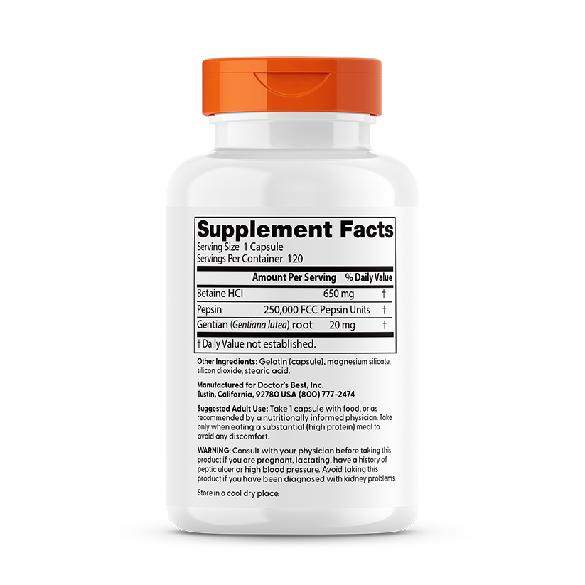 Doctor's Best Betaine HCL with Pepsin & Gentian Bitters - 360 Capsules for Digestive Support | Stomach Acid Relief & Gut Health Supplement | Ideal for Heartburn, Bloating & Protein Digestion