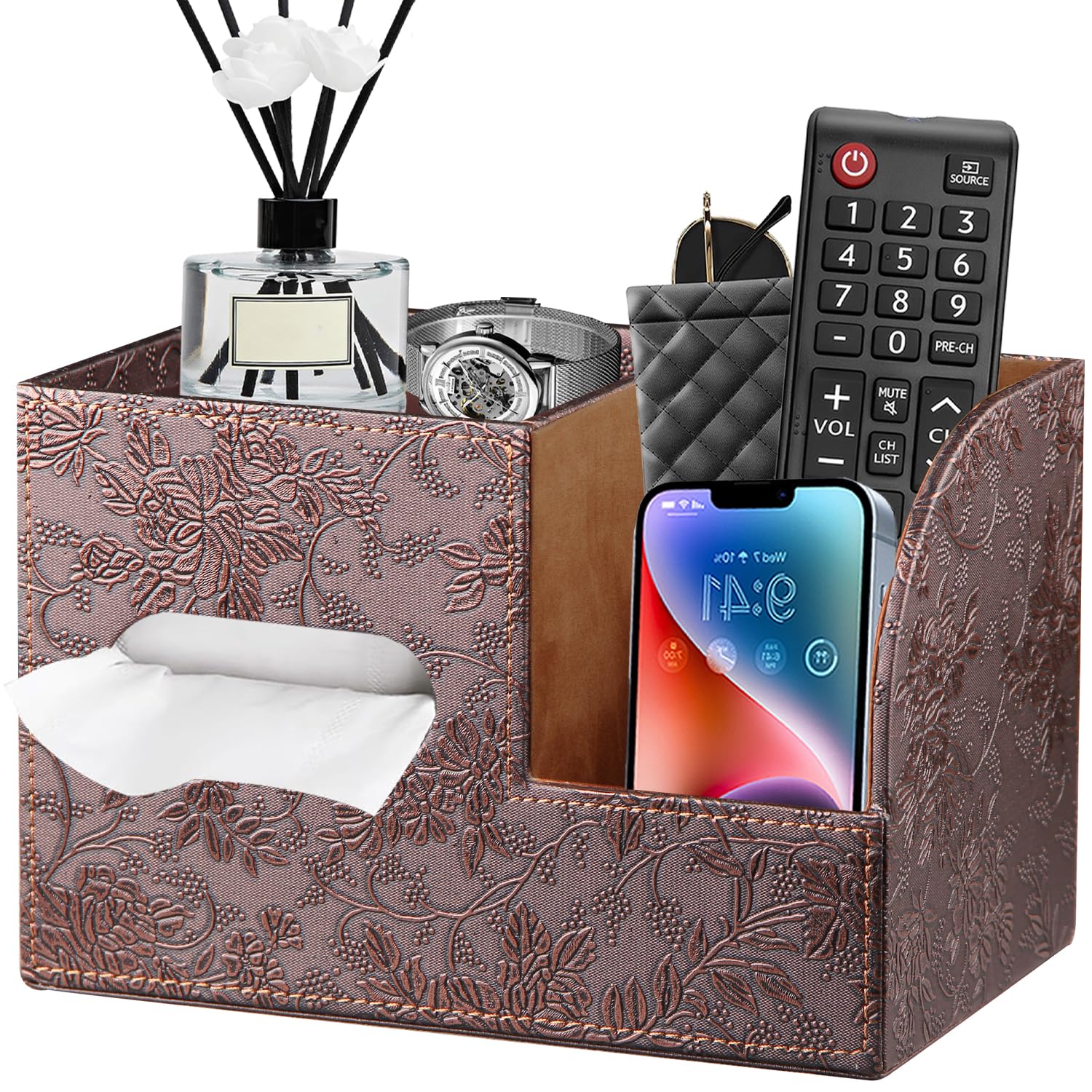 Square Tissue Box Cover with Storage Tray - Decorative Cube Tissue Holder & Remote Control Organizer | Modern Bathroom Vanity, Nightstand & Office Desk Accessory for Home Decor