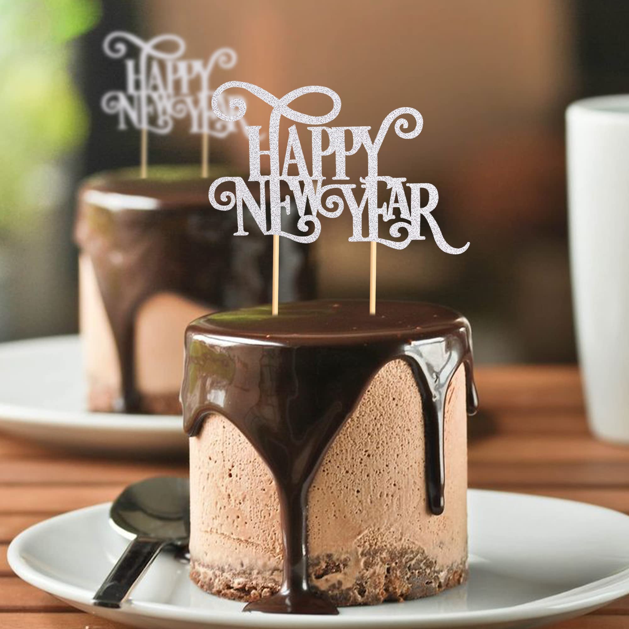 6 Pcs Silver Glitter Happy New Year 2024 Cake Toppers - 4