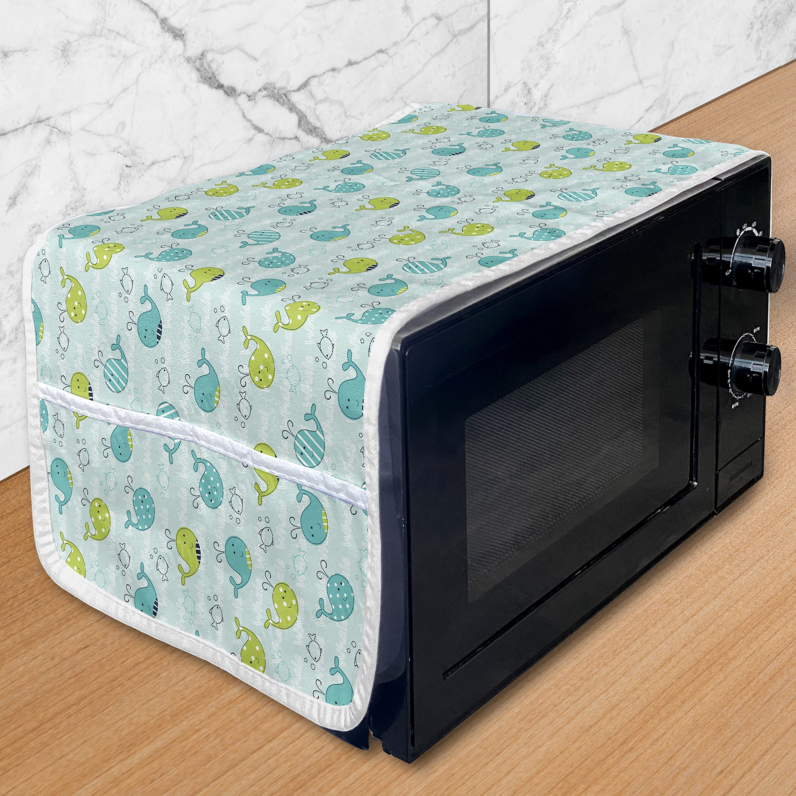 Ambesonne Whale Microwave Cover - Waterproof Kitchen Organizer with Pockets, Minimalist Sea Animal Design in Pastel Polka Dots & Stripes, 36