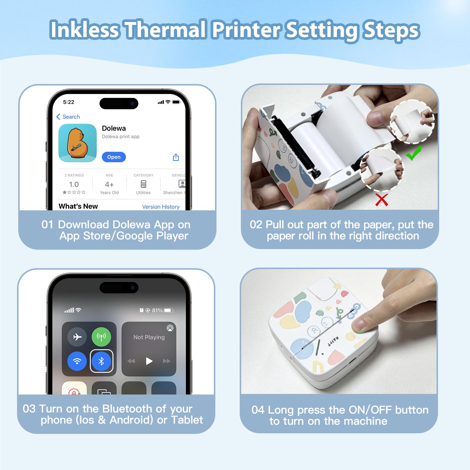Bluetooth Portable Thermal Sticker Printer with 9 Rolls Thermal Paper - Compatible with iOS & Android - Pocket Inkless Mini Label Maker for Study, Journal, Memo, Notes - Perfect for Home, Office & School Organization