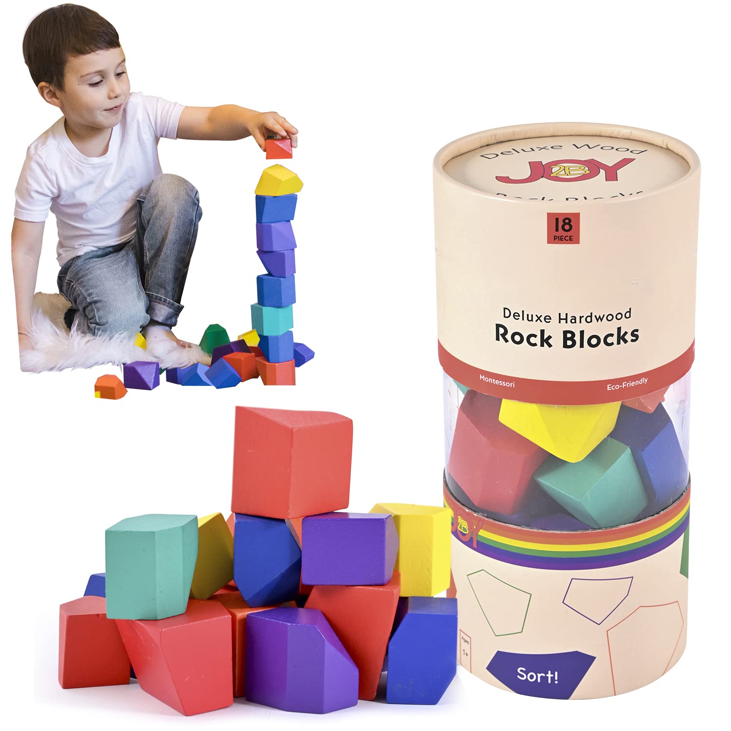 JOY2B Wooden Stacking Blocks for Toddlers - 18 Piece Montessori Rainbow Stacking Toys Set | Natural Hardwood Educational Toys for Boys & Girls Ages 1-3 | Perfect Birthday Gift & Learning Activity for Preschool Kids | Great for Fine Motor Skills Development & Color Recognition Play