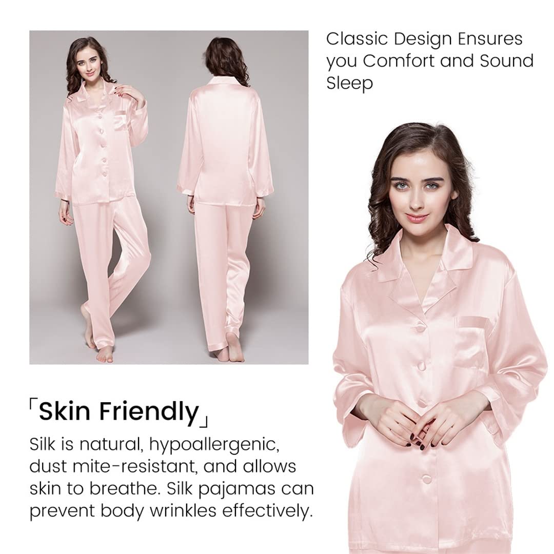 Luxury 100% Silk Satin Pajama Set for Women - Long Sleeve Button Down Sleepwear & Soft Nightwear - Perfect for Relaxing at Home, Spa Days & Romantic Getaways