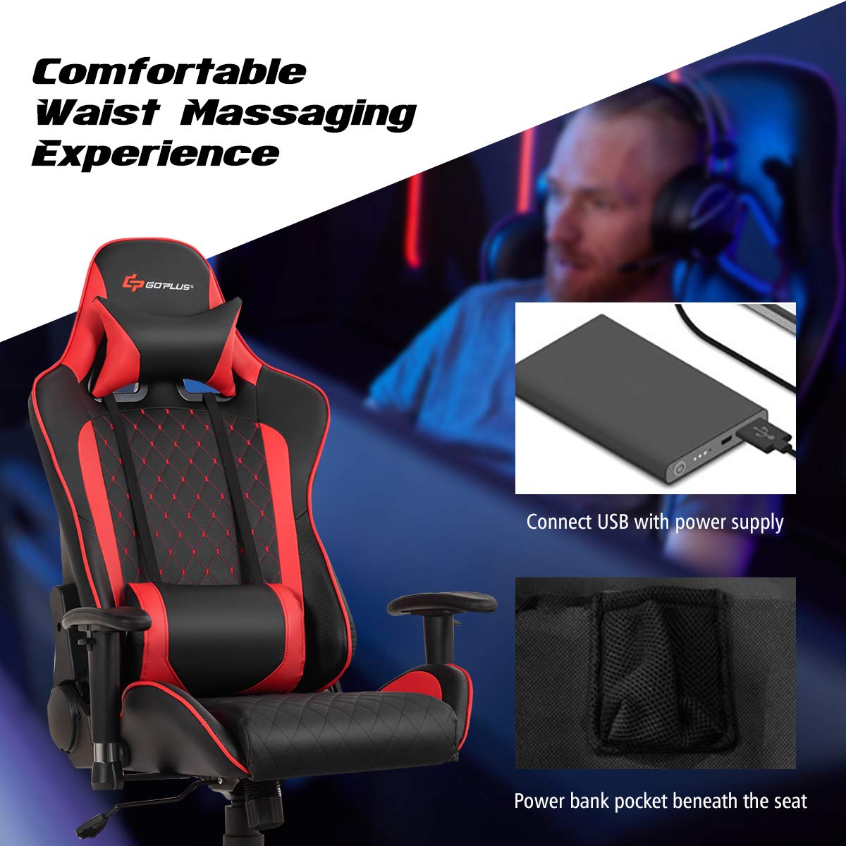Goplus Massage Gaming Chair - Ergonomic High Back Racing Office Chair with Reclining Backrest, Adjustable Handrails & Seat Height, PU Swivel Design, Headrest & Lumbar Support - Perfect for Gaming, Work & Home Office Relaxation