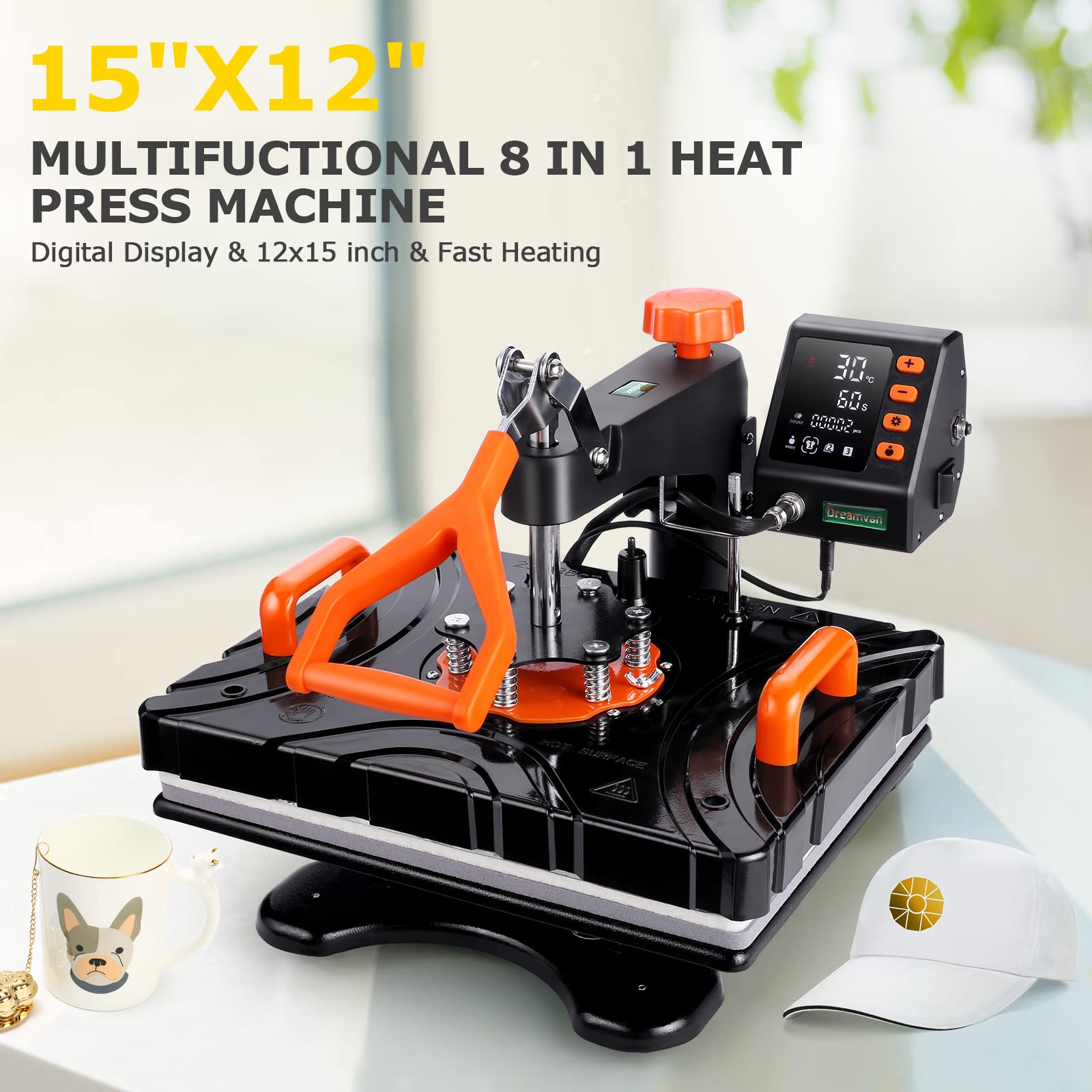 Upgraded 8-in-1 Heat Press Machine 12x15 Inch - 360° Swivel Multifunction Sublimation Combo for T-Shirts, Caps, Mugs, Hats & Plates | Perfect for DIY Crafts, Custom Apparel & Small Business Printing