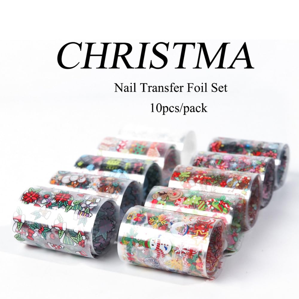 10 Sheets Christmas Nail Art Foils Transfer Stickers - Winter Snowflake, Xmas Tree & Snowman Nail Decals for Women, Girls DIY Manicure | Perfect for Holiday Parties, Gift Giving & Festive Nail Designs
