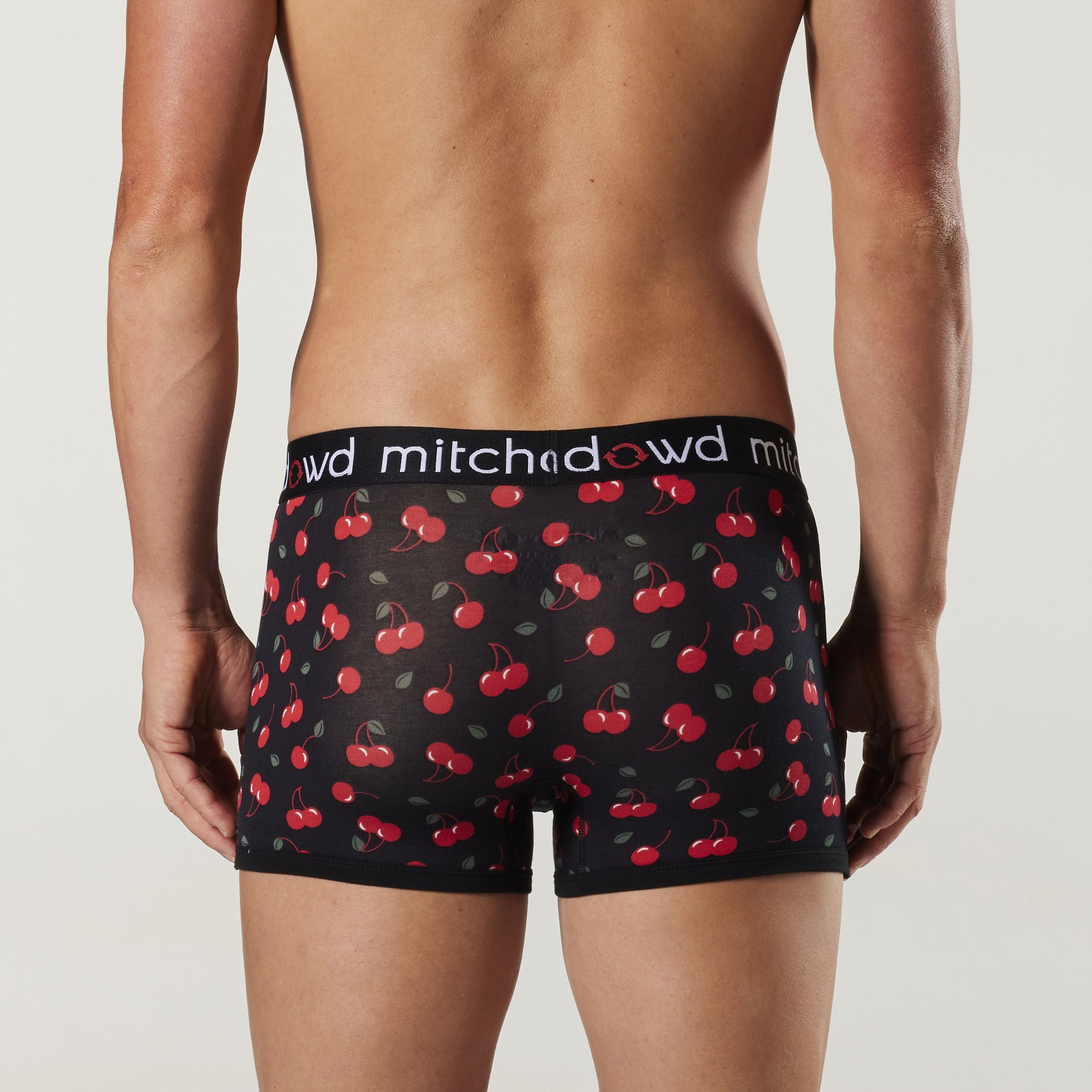 Men's Black Juicy Cherries Bamboo Mid-Length Trunk Underwear - Soft & Breathable for Everyday Comfort, Gym & Lounge Wear