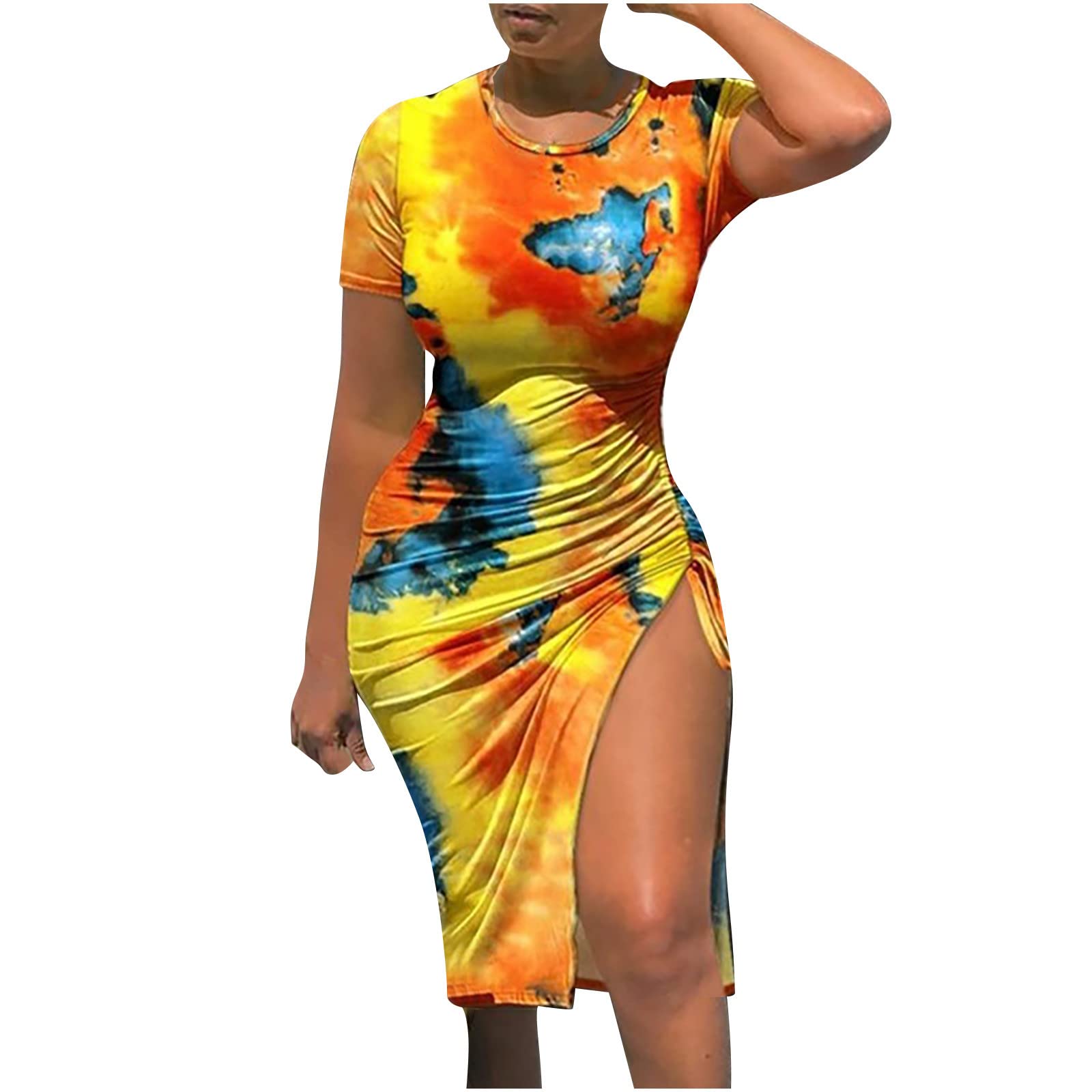 MIANHT Women's Sexy Summer Dresses - Short Sleeve Round Neck Printed Halter Dress with Drawstring & Slit | Perfect for Beach Vacations, Date Nights & Summer Parties
