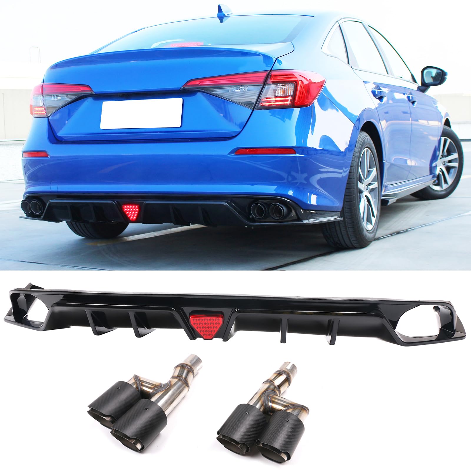 IKON MOTORSPORTS Rear Bumper Diffuser Lip - Gloss Black PP Body Kit Compatible with 2022-2024 Honda Civic 11th Gen (EX/Touring/Si Models) | Aggressive Styling Upgrade for Enhanced Aerodynamics & Sporty Look
