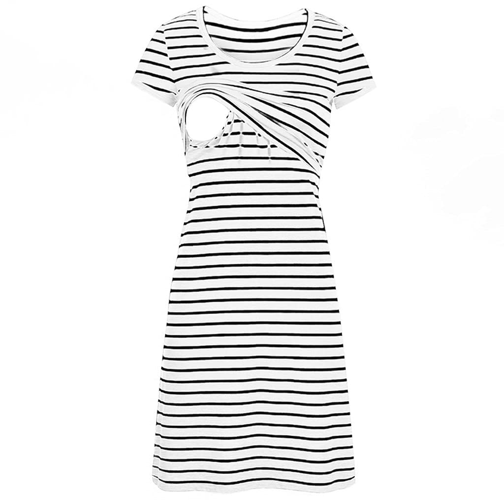 SHOPESSA Women's Maternity Casual Dress - Short Sleeve Striped Nursing Dress for Breastfeeding Moms | Summer Pregnancy Clothes | Perfect for Nursing, Outings & Relaxing at Home