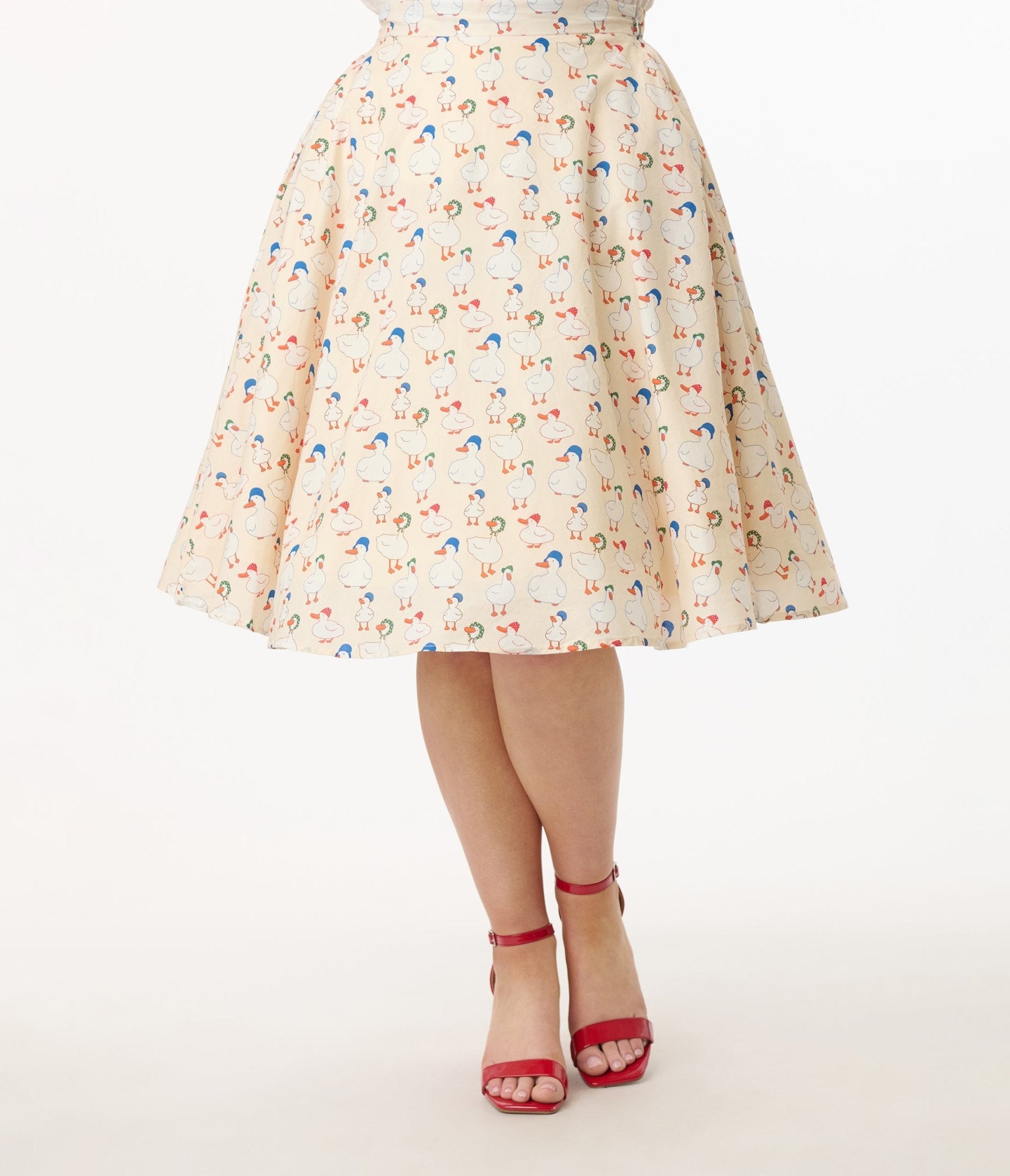 Vintage 1950s Cream & Duck Print Cotton Swing Skirt - Retro A-Line Skirt for Women, Perfect for Tea Parties, Swing Dancing & Pinup Fashion