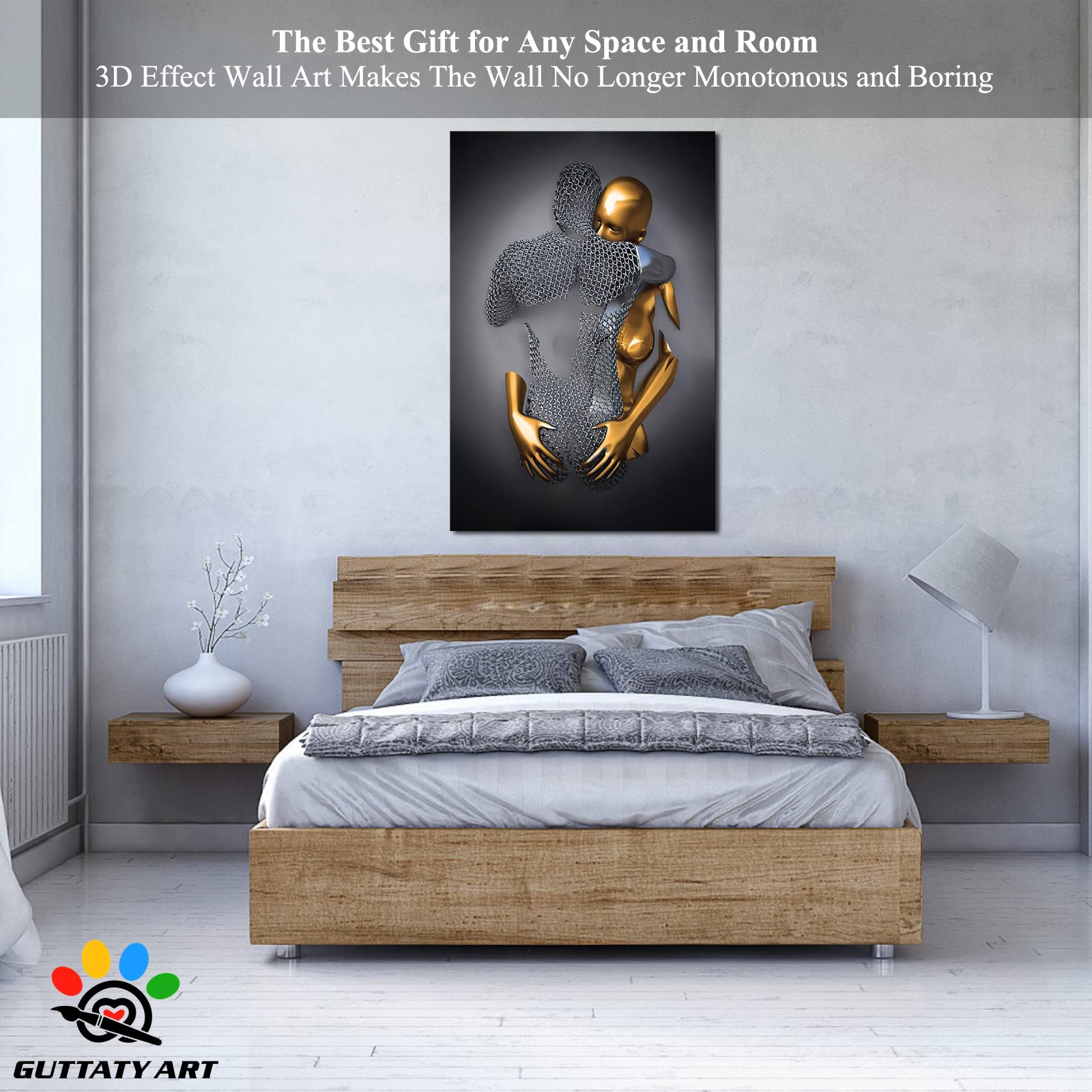 3D Metal Effect Love Heart Gray Canvas Wall Art - Romantic Hugging Couple Painting for Bedroom & Living Room - Modern Home Decor - Valentine's Day Gift for Couples (32x48 Inches) - Perfect for Anniversary, Wedding & Housewarming Presents