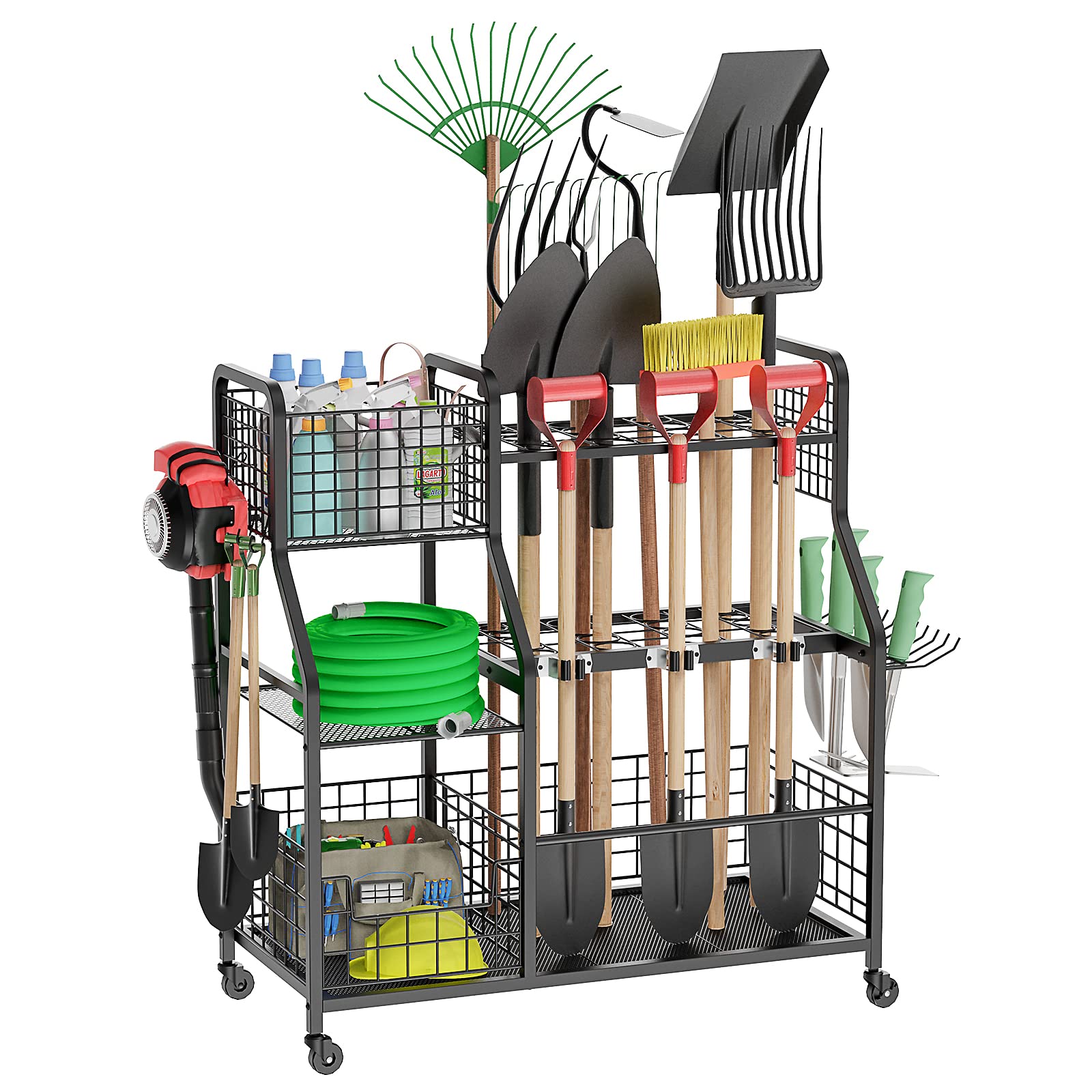 3-Tier Rolling Garden Tool Organizer with Storage Basket - Heavy Duty Garage, Shed & Yard Utility Rack for Lawn Care Equipment - Perfect for Organizing Shovels, Rakes & Gardening Tools in Basement or Outdoor Storage
