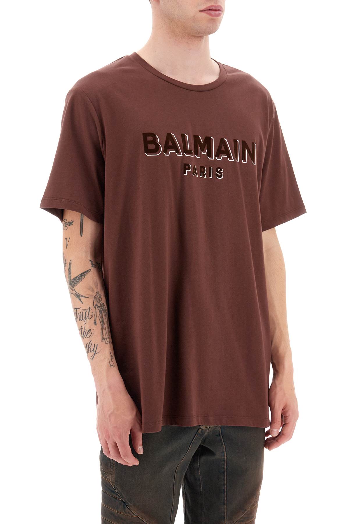 Balmain Flocked Logo T-Shirt for Men - Stylish Cotton Crewneck Tee for Casual Wear & Street Fashion