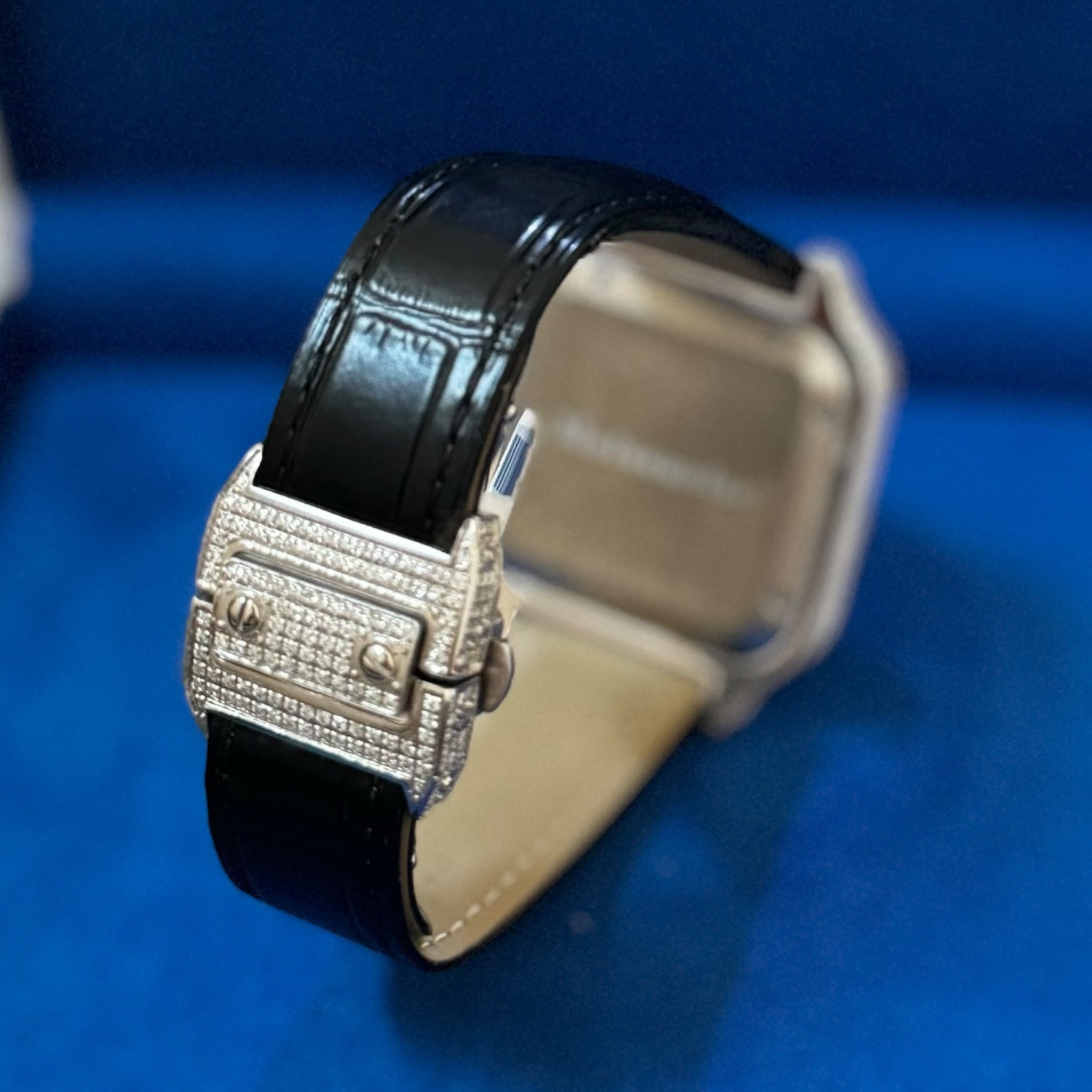 9.6ct Moissanite Black Crocodile Leather Band Watch with Iced Bezel - Luxury Men's Dress Watch for Business & Formal Occasions