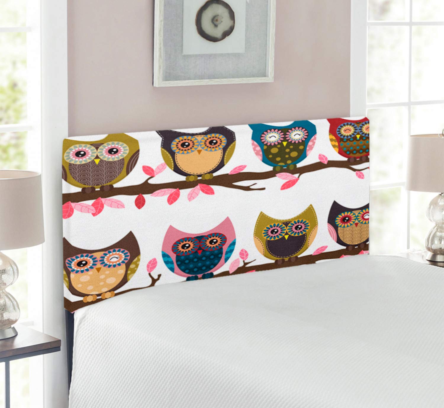 Ambesonne Vintage Owls Headboard - Upholstered Decorative Metal Bed Headboard with Memory Foam, Twin Size, Multicolor Retro Owl Design for Bedroom Decor | Perfect for Kids Room, Nursery, and Vintage-Themed Bedrooms