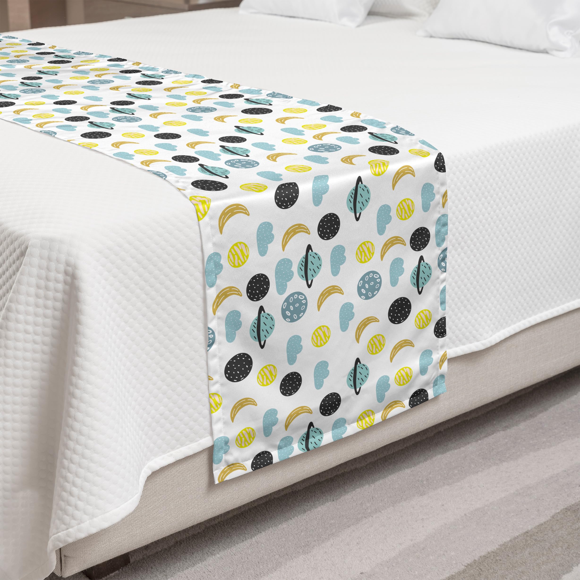 Ambesonne Moon Bed Runner - Decorative Bed Scarf with Crescent Planets & Clouds Doodle Pattern, Queen Size Multicolor for Hotels, Homes & Guestrooms | Perfect for Boho & Celestial Themed Bedrooms