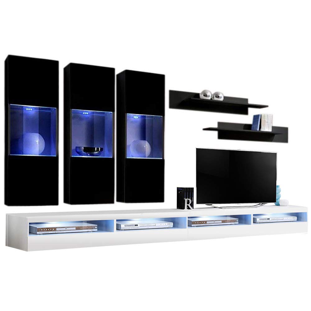 Fly E2 35TV Wall-Mounted Entertainment Center - Modern Floating TV Stand with Storage Shelves & LED Lights for Bedroom & Living Room - Black/White - Perfect for Small Spaces & Home Theater Setup